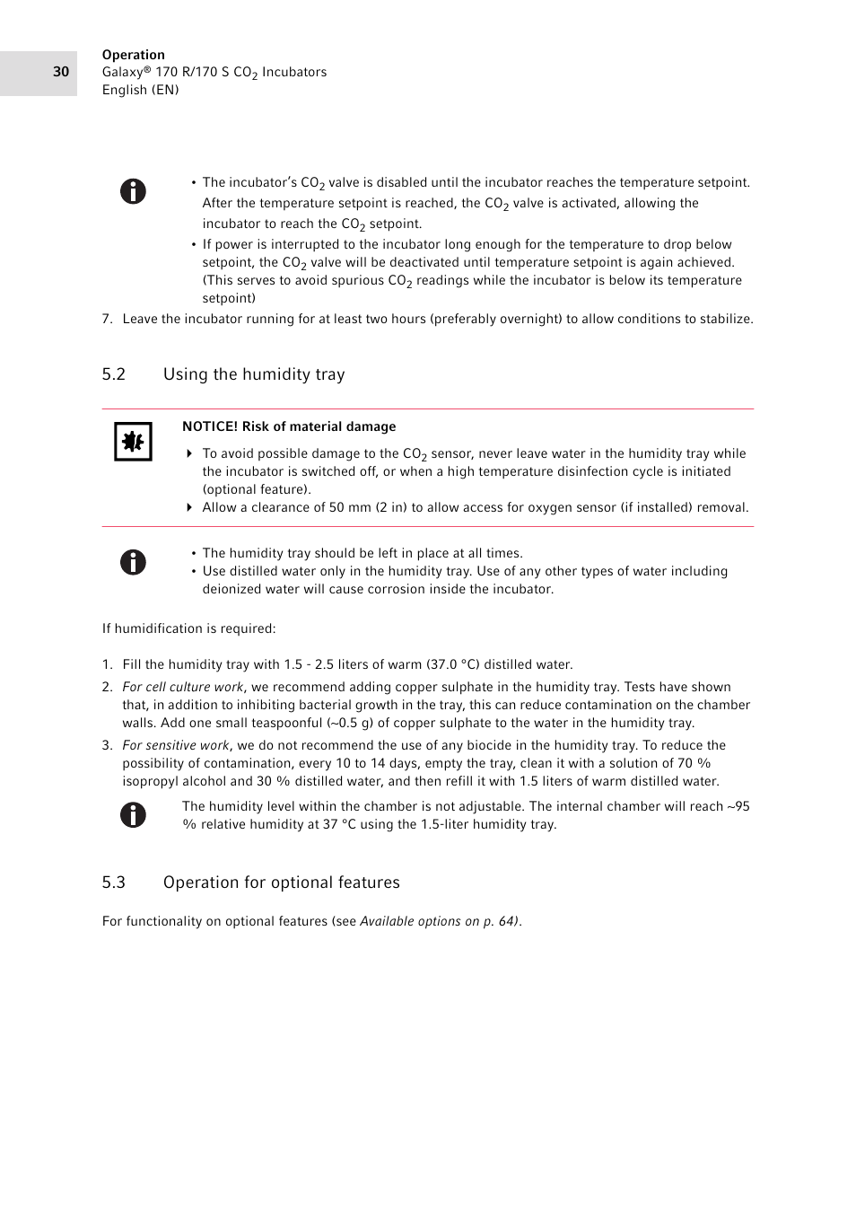 2 using the humidity tray, 3 operation for optional features, Using the humidity tray | Operation for optional features | Eppendorf Galaxy CO2 Sensor User Manual | Page 30 / 110