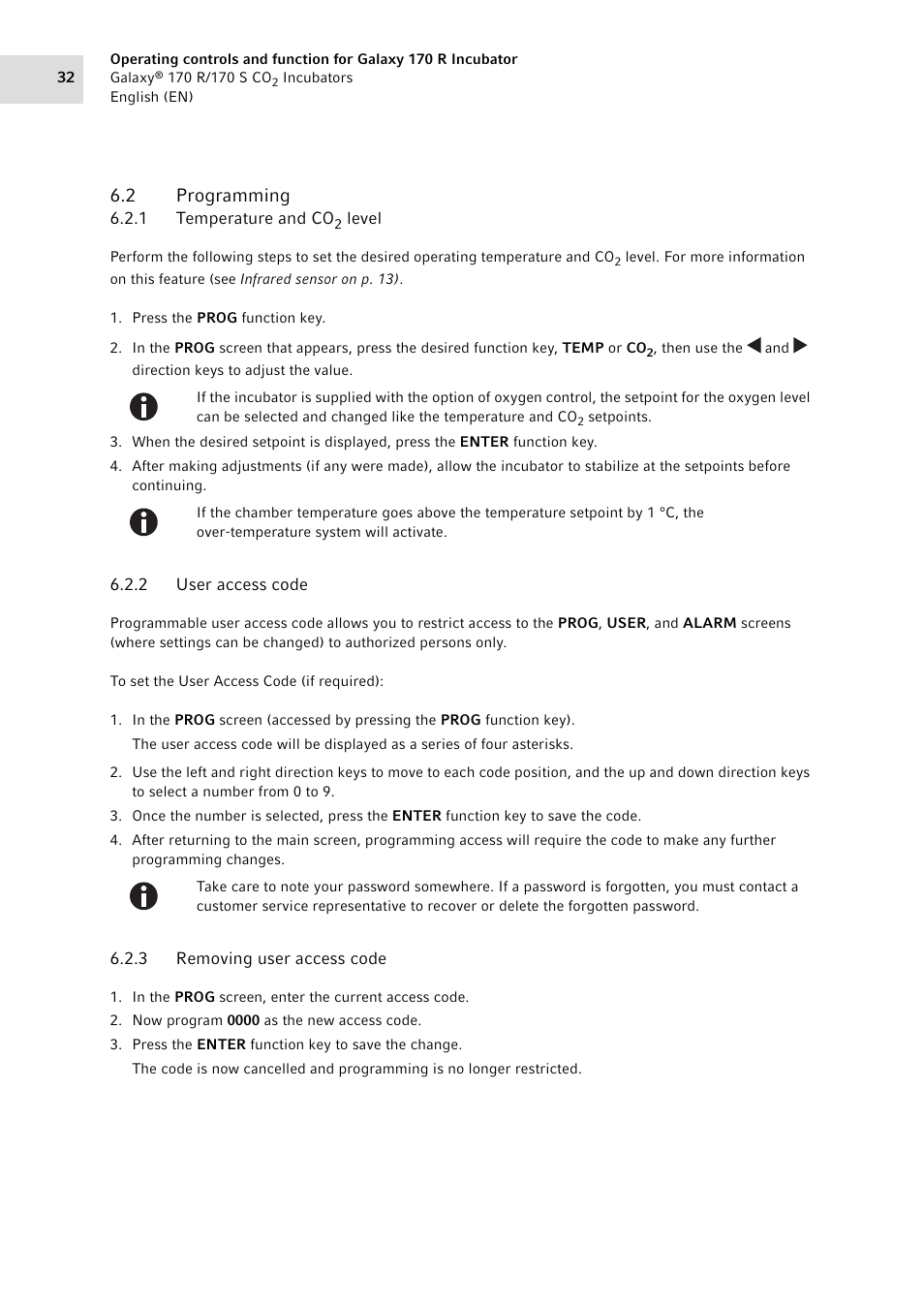2 programming, 1 temperature and co2 level, 2 user access code | 3 removing user access code, Programming 6.2.1, Temperature and co, Level, User access code, Removing user access code | Eppendorf Galaxy CO2 Sensor User Manual | Page 32 / 110