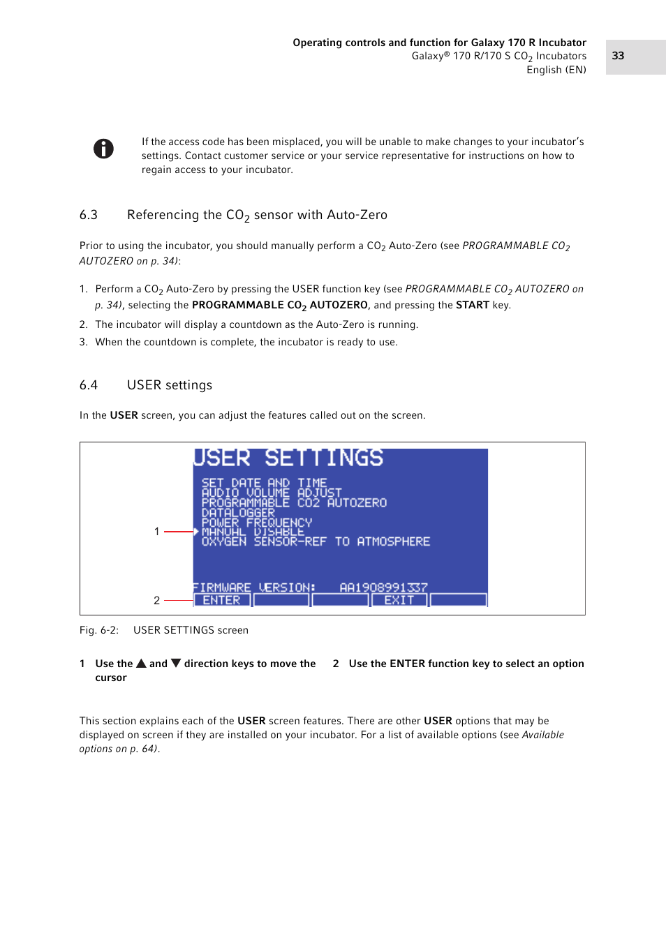 3 referencing the co2 sensor with auto-zero, 4 user settings, Referencing the co | Sensor with auto-zero, User settings, 3 referencing the co | Eppendorf Galaxy CO2 Sensor User Manual | Page 33 / 110