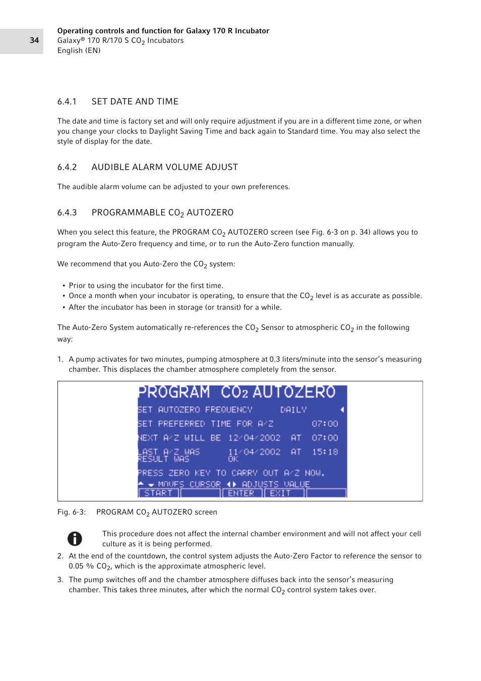 1 set date and time, 2 audible alarm volume adjust, 3 programmable co2 autozero | Set date and time, Audible alarm volume adjust, Programmable co, Autozero, O (see, Autozero on p. 34), Essing the user function key (see | Eppendorf Galaxy CO2 Sensor User Manual | Page 34 / 110