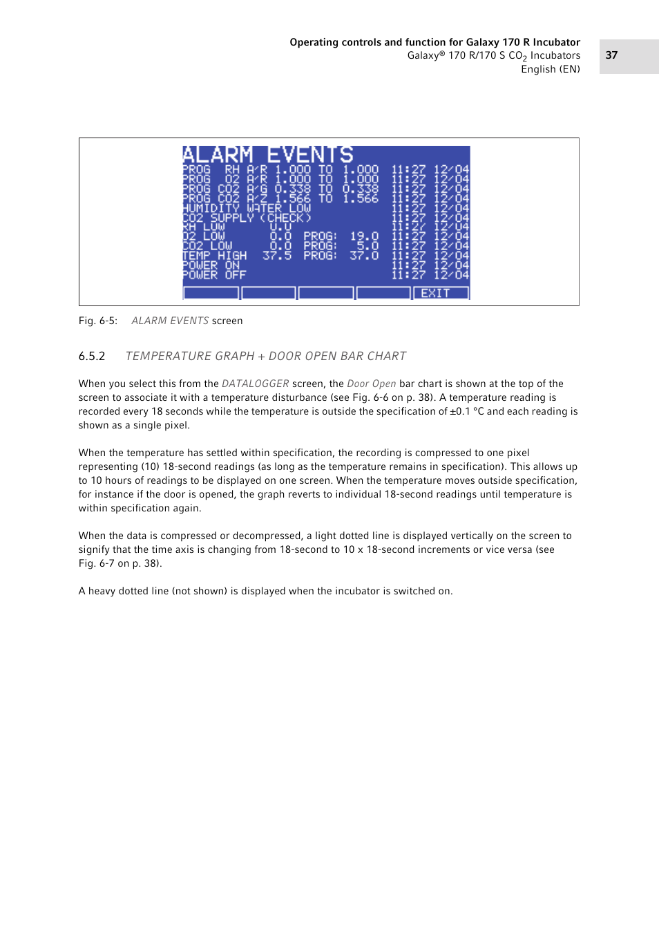 2 temperature graph + door open bar chart, Temperature graph + door open bar chart, Ded for each event, (see fig. 6-5 on p. 37) | Eppendorf Galaxy CO2 Sensor User Manual | Page 37 / 110