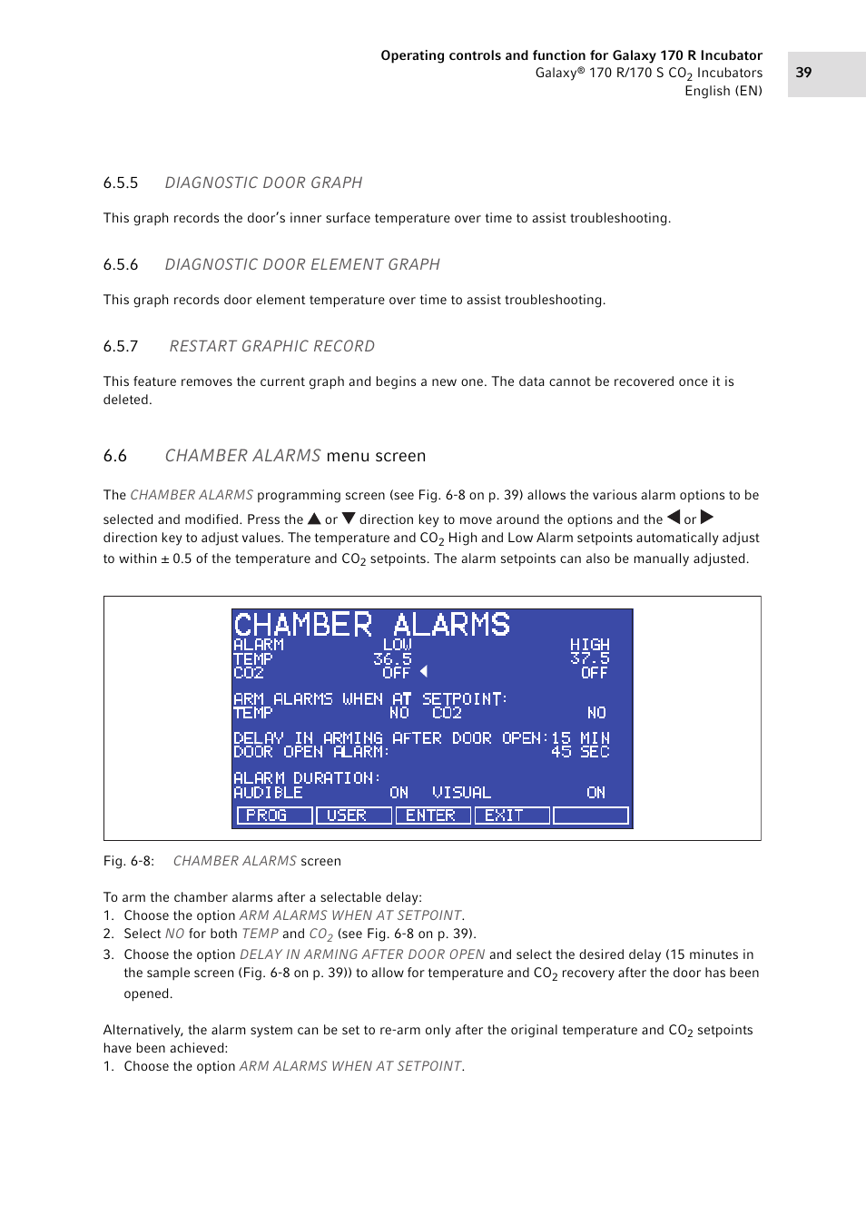 5 diagnostic door graph, 6 diagnostic door element graph, 7 restart graphic record | 6 chamber alarms menu screen, Diagnostic door graph, Diagnostic door element graph, Restart graphic record, Chamber alarms menu screen | Eppendorf Galaxy CO2 Sensor User Manual | Page 39 / 110