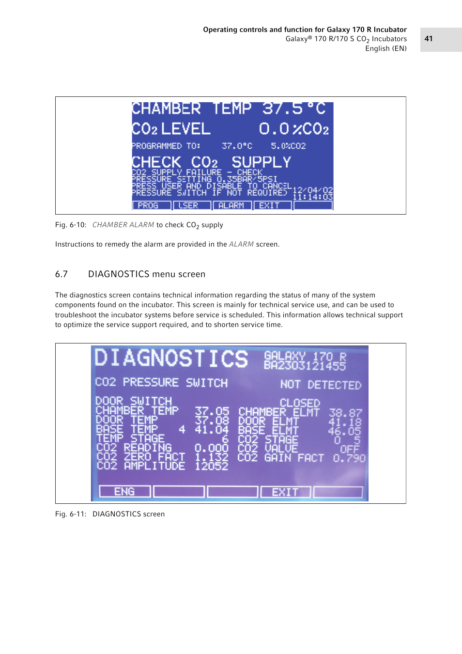7 diagnostics menu screen, Diagnostics menu screen, See fig. 6-10 on p. 41) | Eppendorf Galaxy CO2 Sensor User Manual | Page 41 / 110