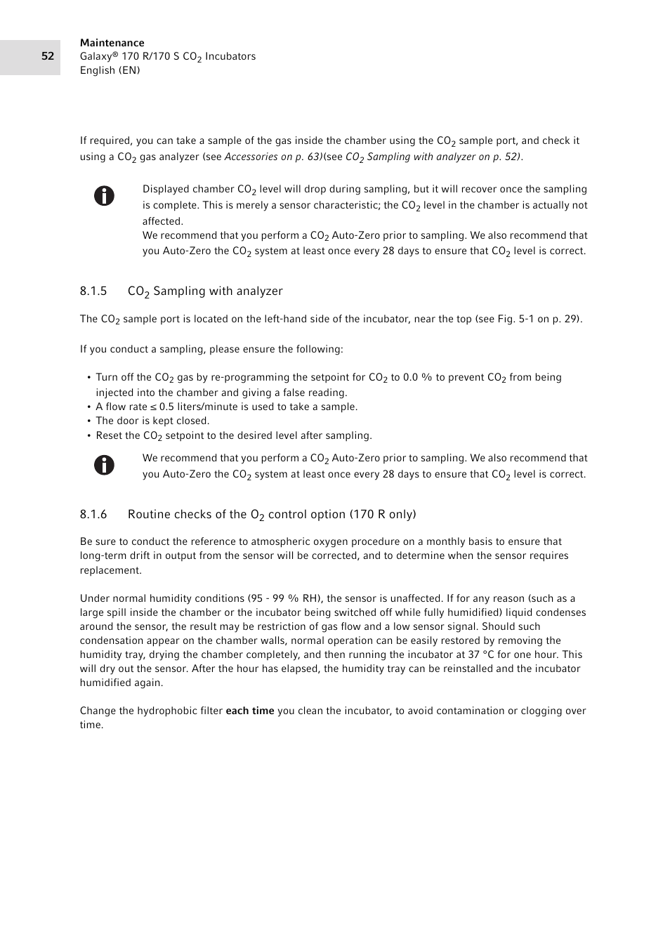 5 co2 sampling with analyzer, Sampling with analyzer, Routine checks of the o | Control option (170 r only) | Eppendorf Galaxy CO2 Sensor User Manual | Page 52 / 110