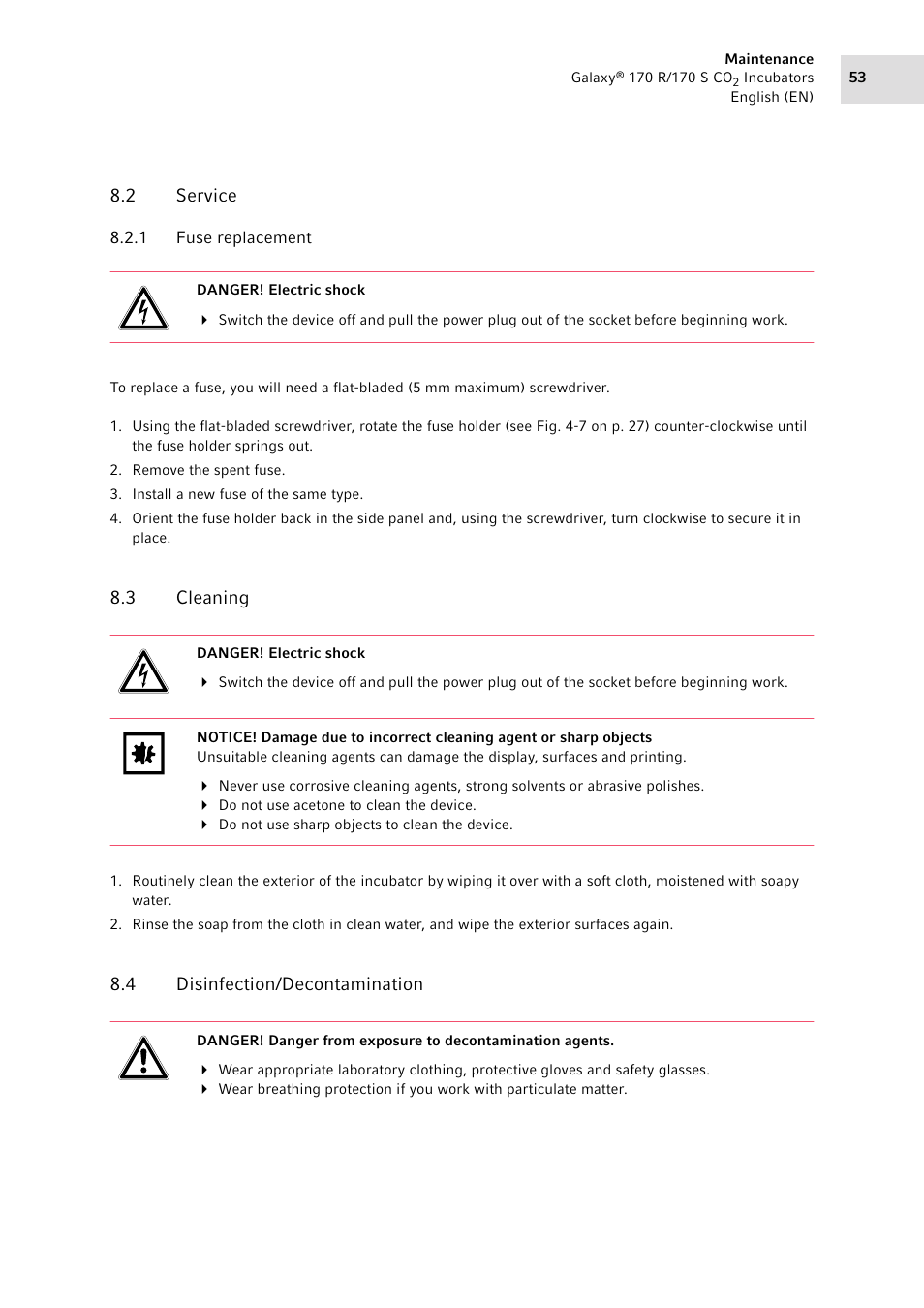 2 service, 1 fuse replacement, 3 cleaning | 4 disinfection/decontamination, Service 8.2.1, Fuse replacement, Cleaning, Disinfection/decontamination | Eppendorf Galaxy CO2 Sensor User Manual | Page 53 / 110