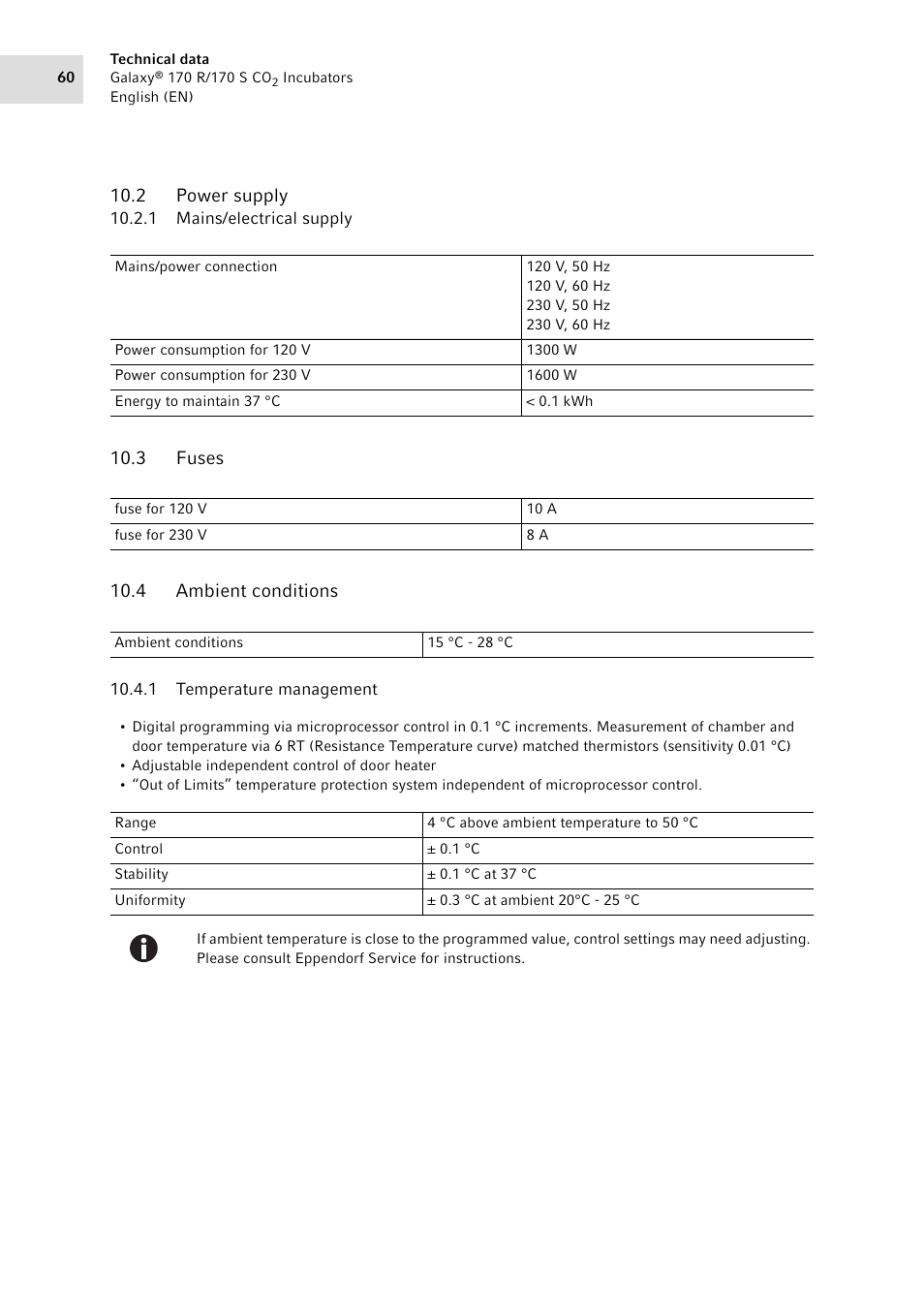 2 power supply, 1 mains/electrical supply, 3 fuses | 4 ambient conditions, 1 temperature management, Power supply 10.2.1, Mains/electrical supply, Fuses, Ambient conditions 10.4.1, Temperature management | Eppendorf Galaxy CO2 Sensor User Manual | Page 60 / 110