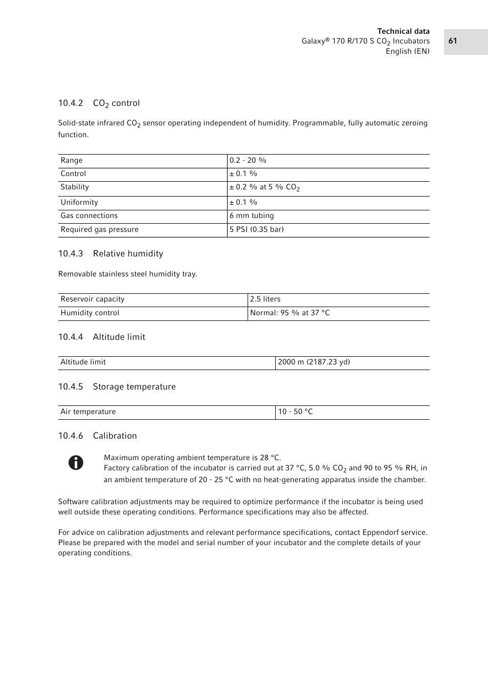 2 co2 control, 3 relative humidity, 4 altitude limit | 5 storage temperature, 6 calibration, Control, Relative humidity, Altitude limit, Storage temperature, Calibration | Eppendorf Galaxy CO2 Sensor User Manual | Page 61 / 110