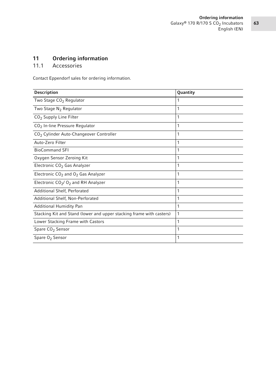 11 ordering information, 1 accessories, Accessories | Gas analyzer (see, Accessories on p. 63) | Eppendorf Galaxy CO2 Sensor User Manual | Page 63 / 110