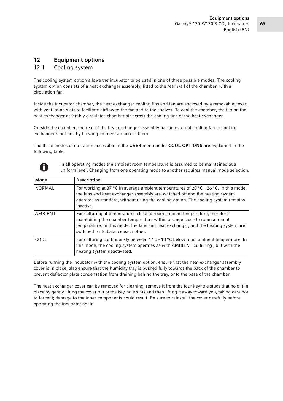 12 equipment options, 1 cooling system, Cooling system | Eppendorf Galaxy CO2 Sensor User Manual | Page 65 / 110