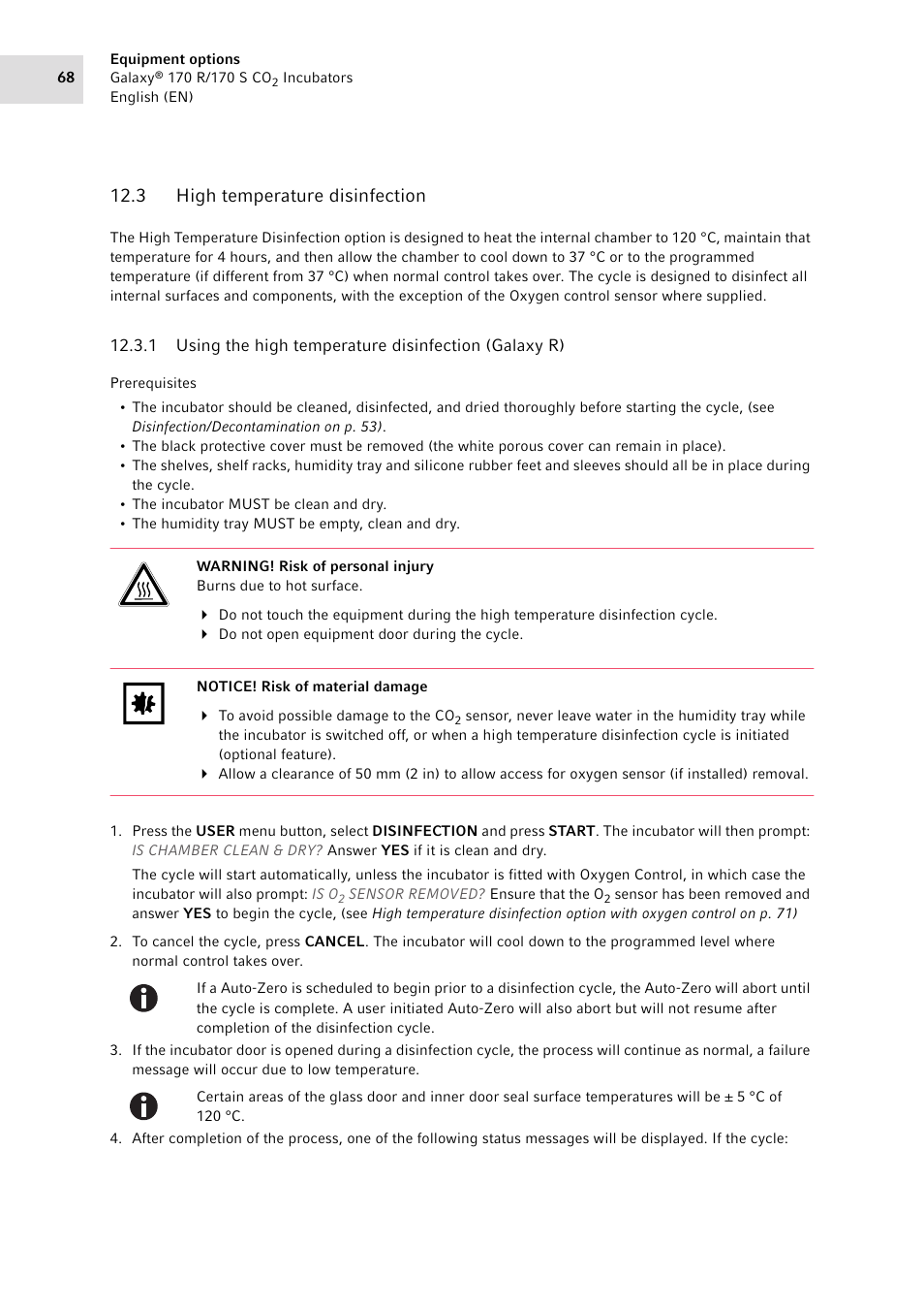 3 high temperature disinfection, High temperature disinfection 12.3.1, Using the high temperature disinfection (galaxy r) | Ation, (see | Eppendorf Galaxy CO2 Sensor User Manual | Page 68 / 110