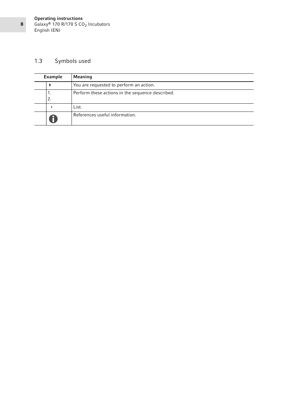 3 symbols used, Symbols used | Eppendorf Galaxy CO2 Sensor User Manual | Page 8 / 110