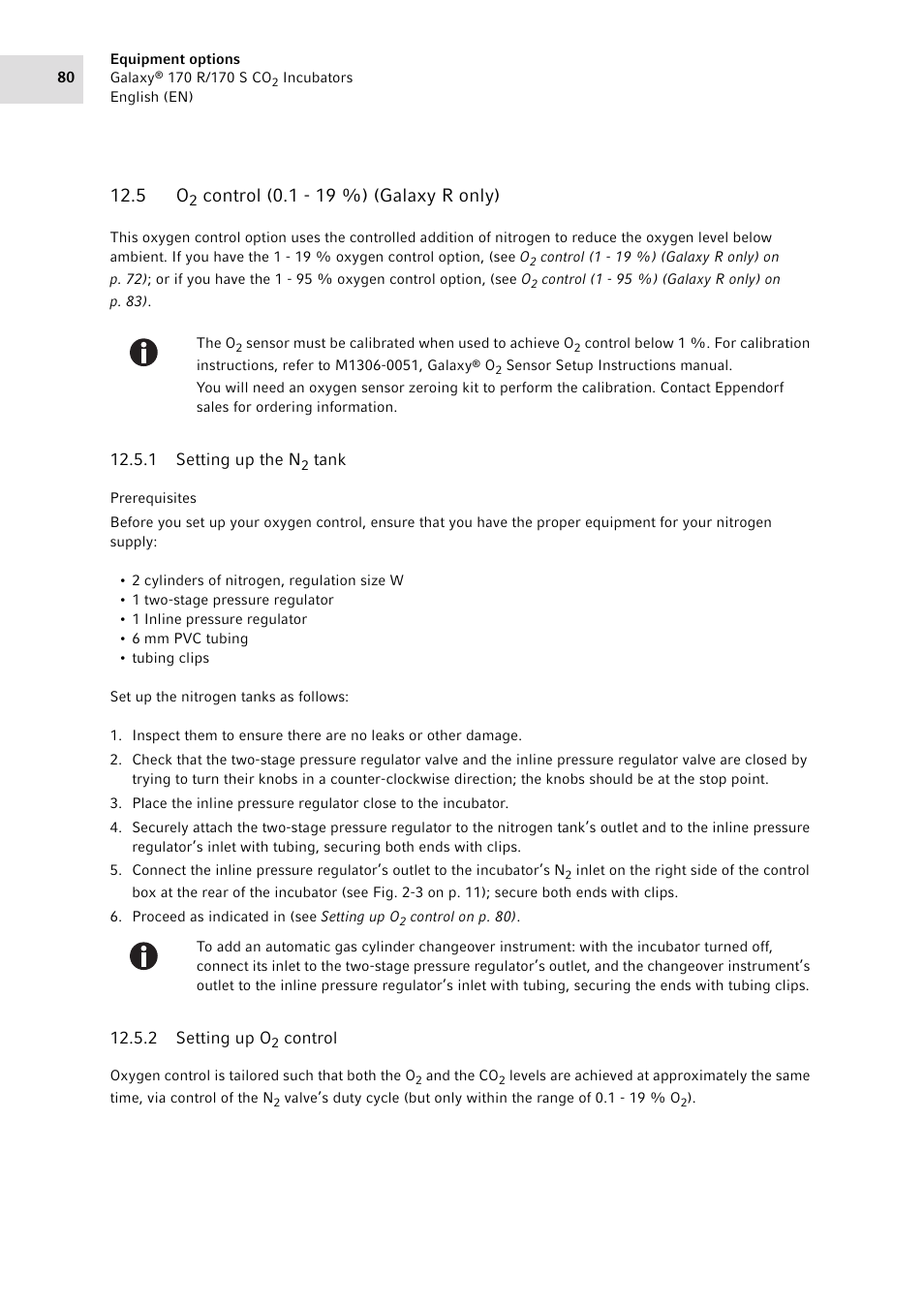 5 o2 control (0.1 - 19 %) (galaxy r only), 1 setting up the n2 tank, 2 setting up o2 control | Control (0.1 - 19 %) (galaxy r only), Setting up the n, Tank, Setting up o, Control, Ol option, (see, Control (0.1 - 19 %) (galaxy r | Eppendorf Galaxy CO2 Sensor User Manual | Page 80 / 110