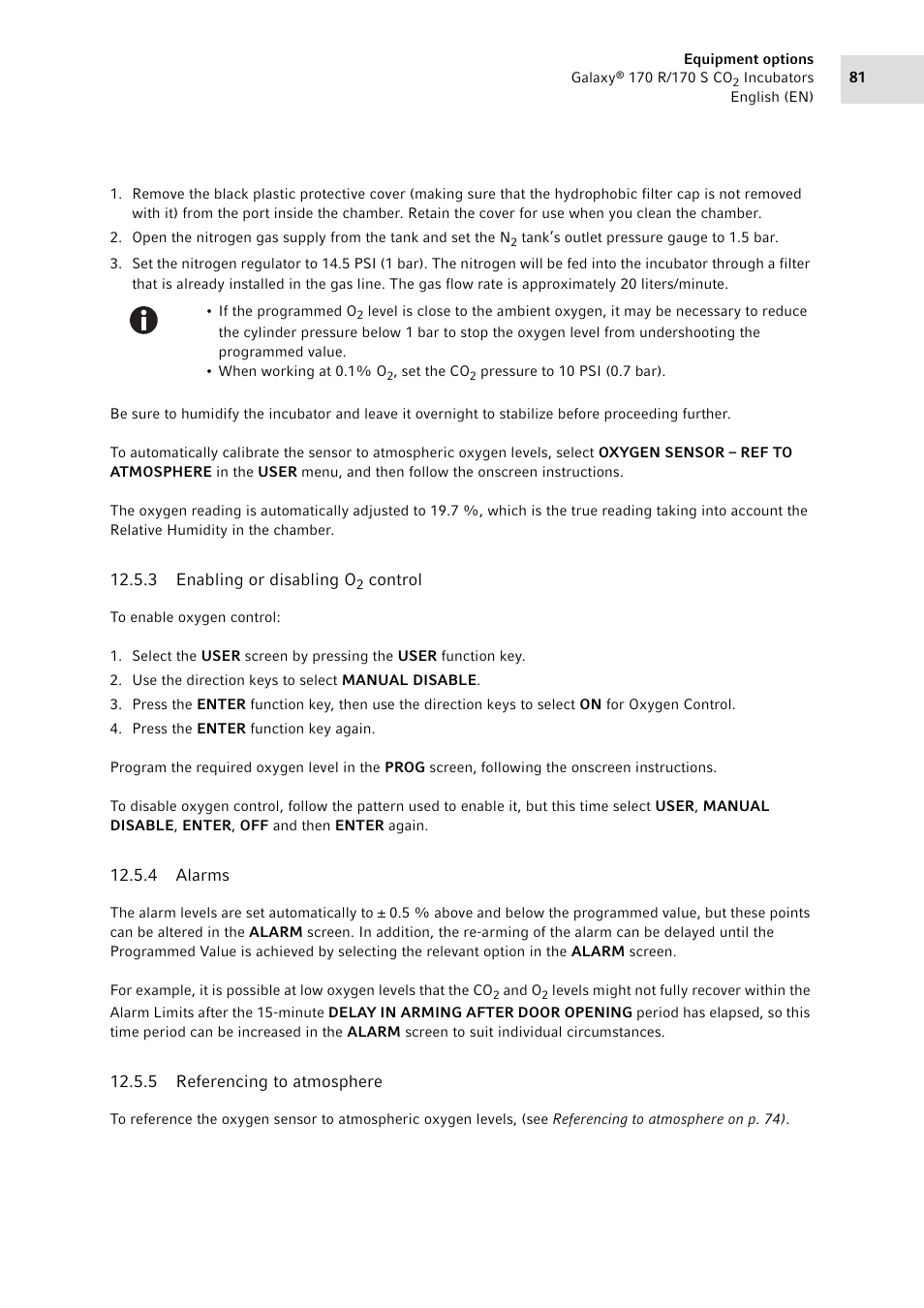 3 enabling or disabling o2 control, 4 alarms, 5 referencing to atmosphere | Enabling or disabling o, Control, Alarms, Referencing to atmosphere | Eppendorf Galaxy CO2 Sensor User Manual | Page 81 / 110