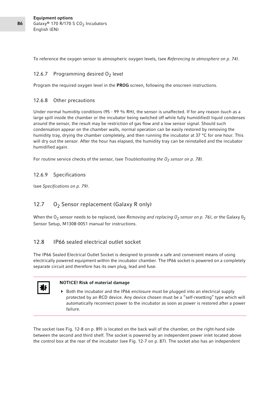 7 programming desired o2 level, 8 other precautions, 9 specifications | 7 o2 sensor replacement (galaxy r only), 8 ip66 sealed electrical outlet socket, Programming desired o, Level, Other precautions, Specifications, Sensor replacement (galaxy r only) | Eppendorf Galaxy CO2 Sensor User Manual | Page 86 / 110