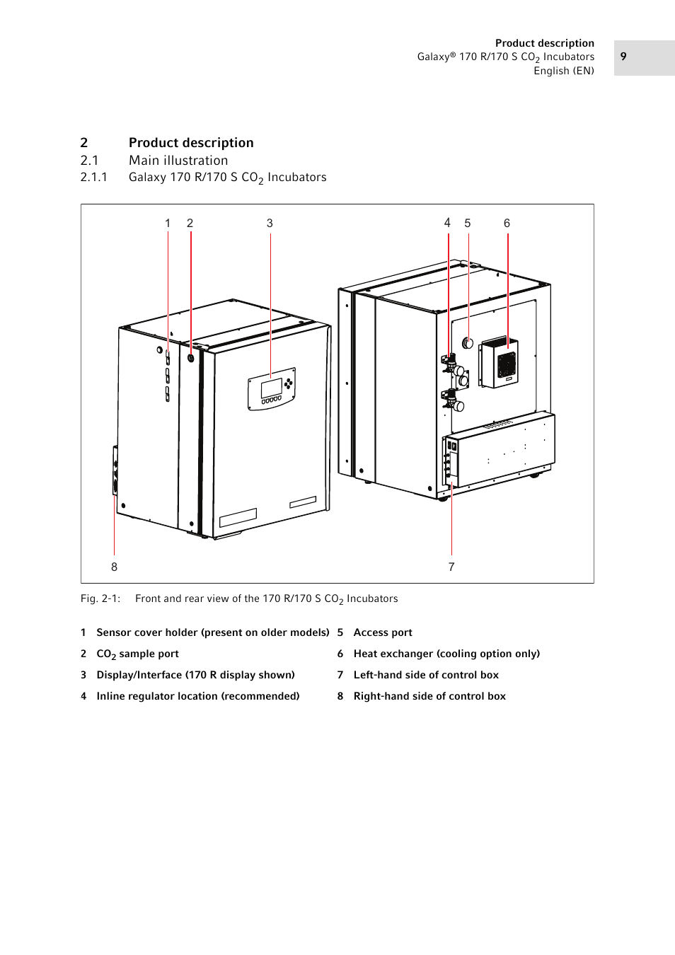 2 product description, 1 main illustration, 1 galaxy 170 r/170 s co2 incubators | Product description 2.1, Main illustration 2.1.1, Galaxy 170 r/170 s co, Incubators, 2product description 2.1 main illustration | Eppendorf Galaxy CO2 Sensor User Manual | Page 9 / 110