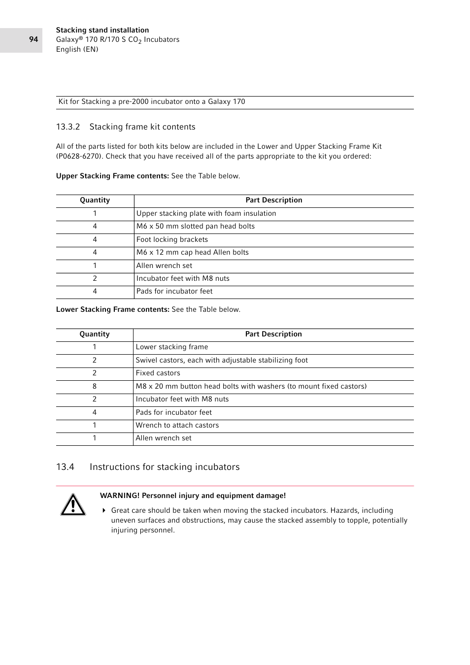 2 stacking frame kit contents, 4 instructions for stacking incubators, Stacking frame kit contents | Instructions for stacking incubators | Eppendorf Galaxy CO2 Sensor User Manual | Page 94 / 110