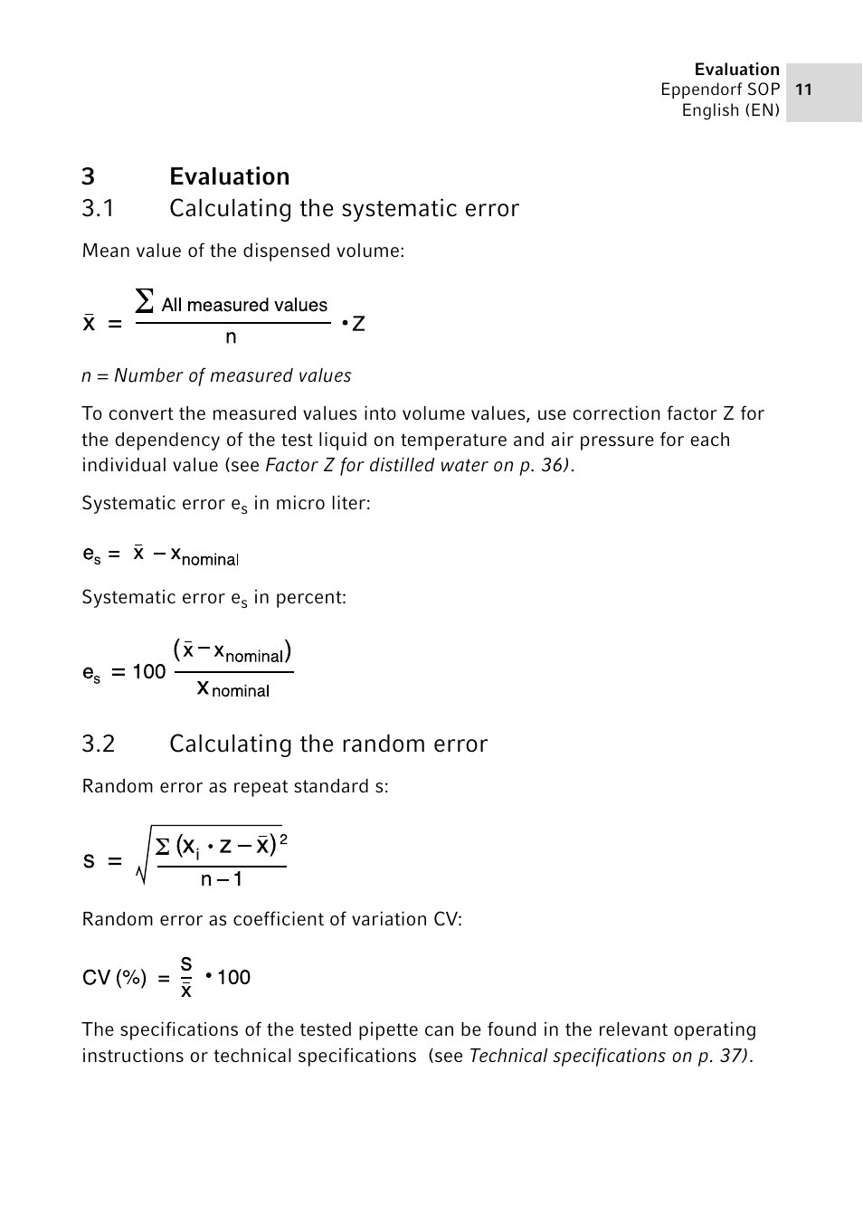 3 evaluation, 1 calculating the systematic error, 2 calculating the random error | Evaluation 3.1, Calculating the systematic error, Calculating the random error, 3evaluation 3.1 calculating the systematic error | Eppendorf SOP User Manual | Page 11 / 64