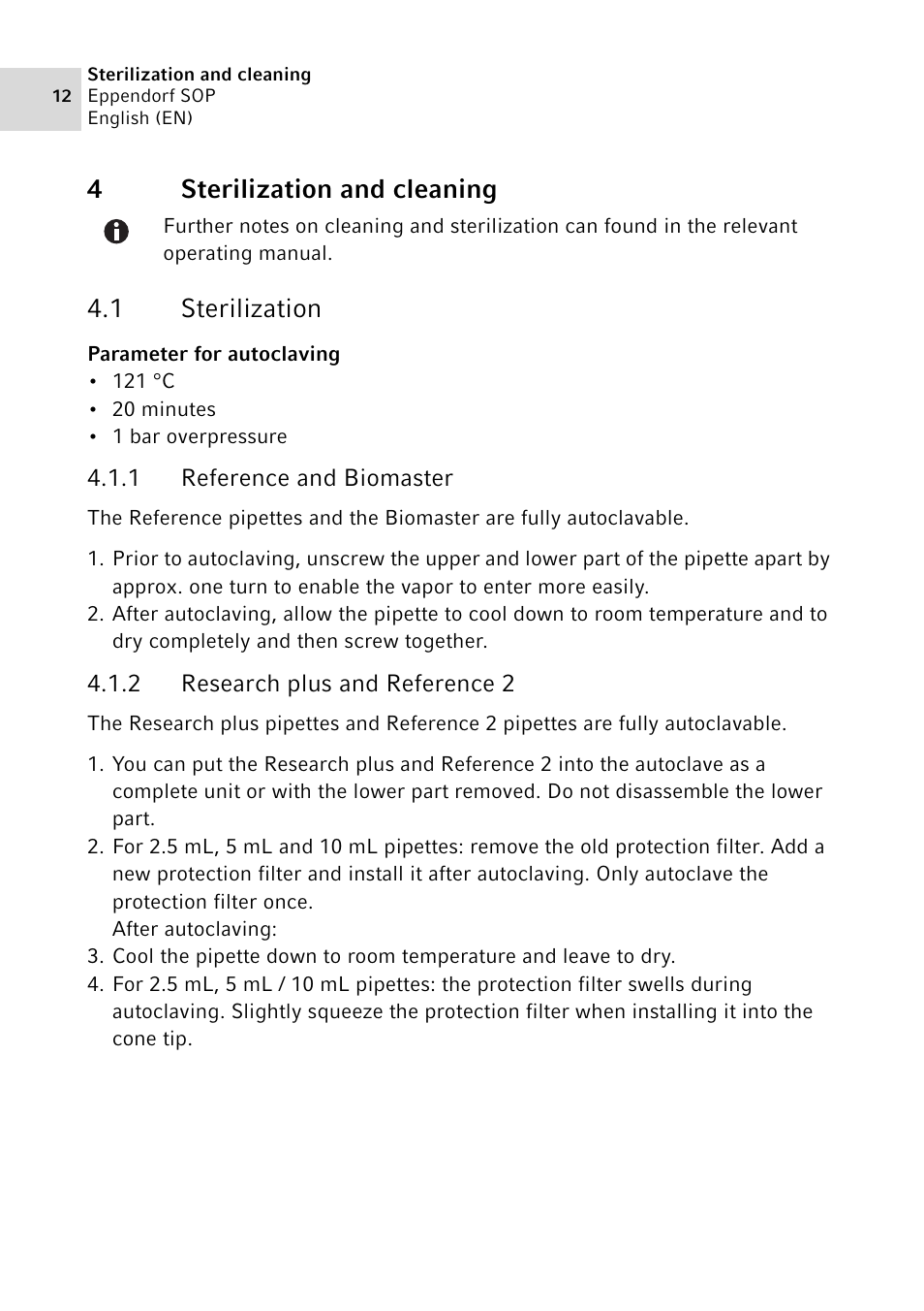 4 sterilization and cleaning, 1 sterilization, 1 reference and biomaster | 2 research plus and reference 2, Sterilization and cleaning 4.1, Sterilization 4.1.1, Reference and biomaster, Research plus and reference 2, 4sterilization and cleaning 4.1 sterilization | Eppendorf SOP User Manual | Page 12 / 64