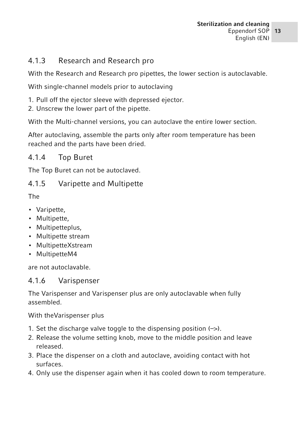 3 research and research pro, 4 top buret, 5 varipette and multipette | 6 varispenser, Research and research pro, Top buret, Varipette and multipette, Varispenser | Eppendorf SOP User Manual | Page 13 / 64