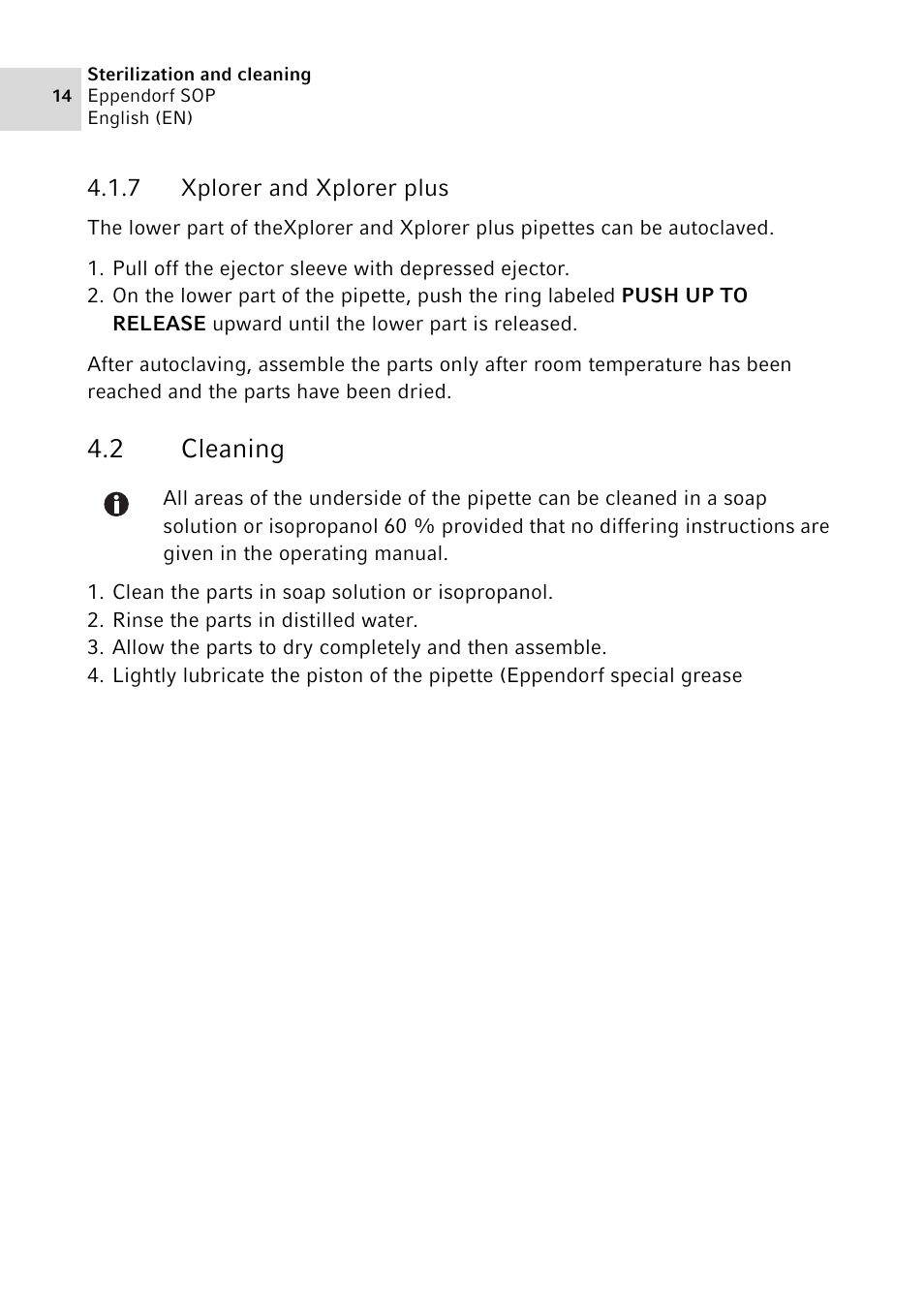 7 xplorer and xplorer plus, 2 cleaning, Xplorer and xplorer plus | Cleaning | Eppendorf SOP User Manual | Page 14 / 64