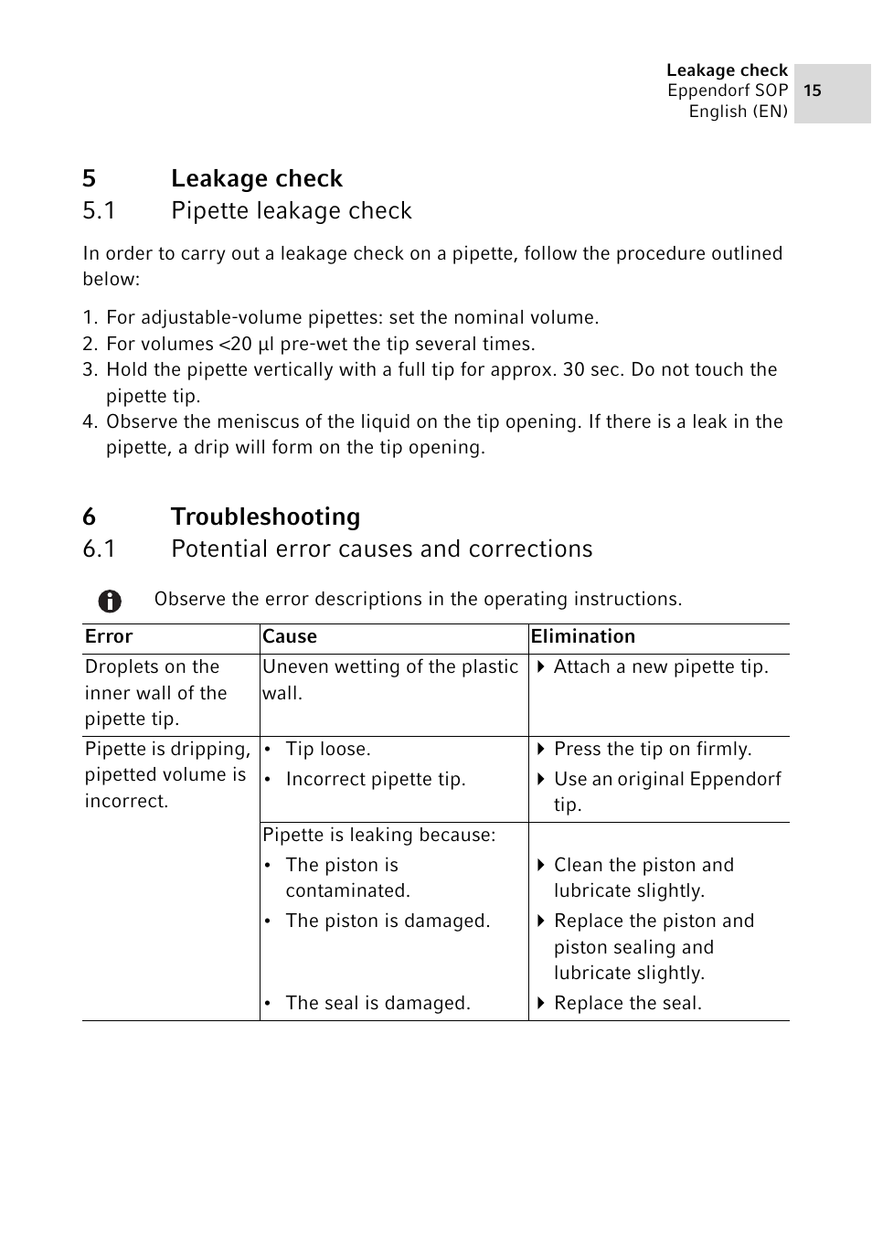 5 leakage check, 1 pipette leakage check, 6 troubleshooting | 1 potential error causes and corrections, Leakage check 5.1, Pipette leakage check, Troubleshooting 6.1, Potential error causes and corrections, 5leakage check 5.1 pipette leakage check | Eppendorf SOP User Manual | Page 15 / 64