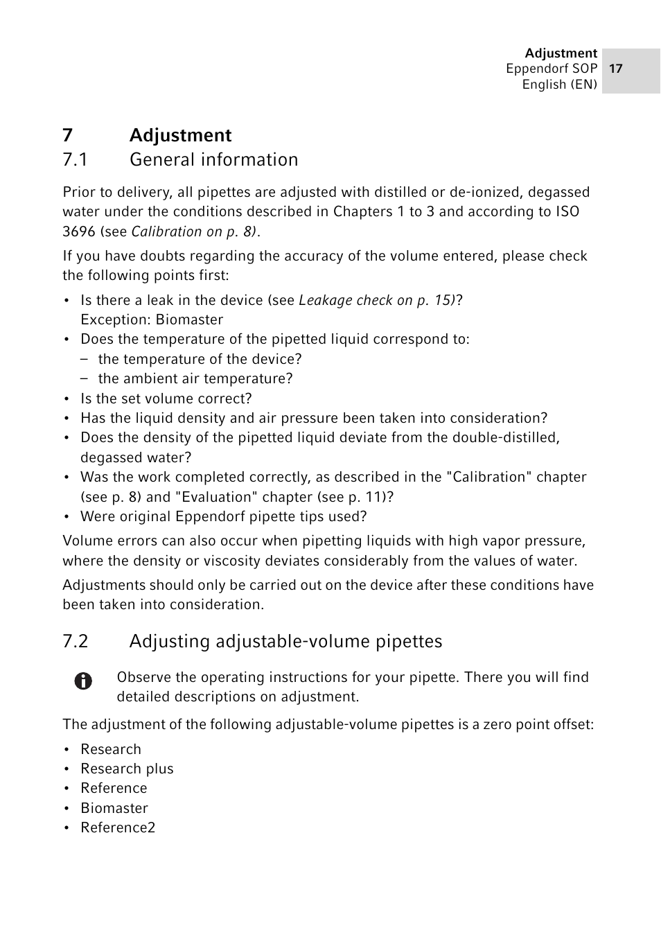 7 adjustment, 1 general information, 2 adjusting adjustable-volume pipettes | Adjustment 7.1, General information, Adjusting adjustable-volume pipettes, 7adjustment 7.1 general information | Eppendorf SOP User Manual | Page 17 / 64