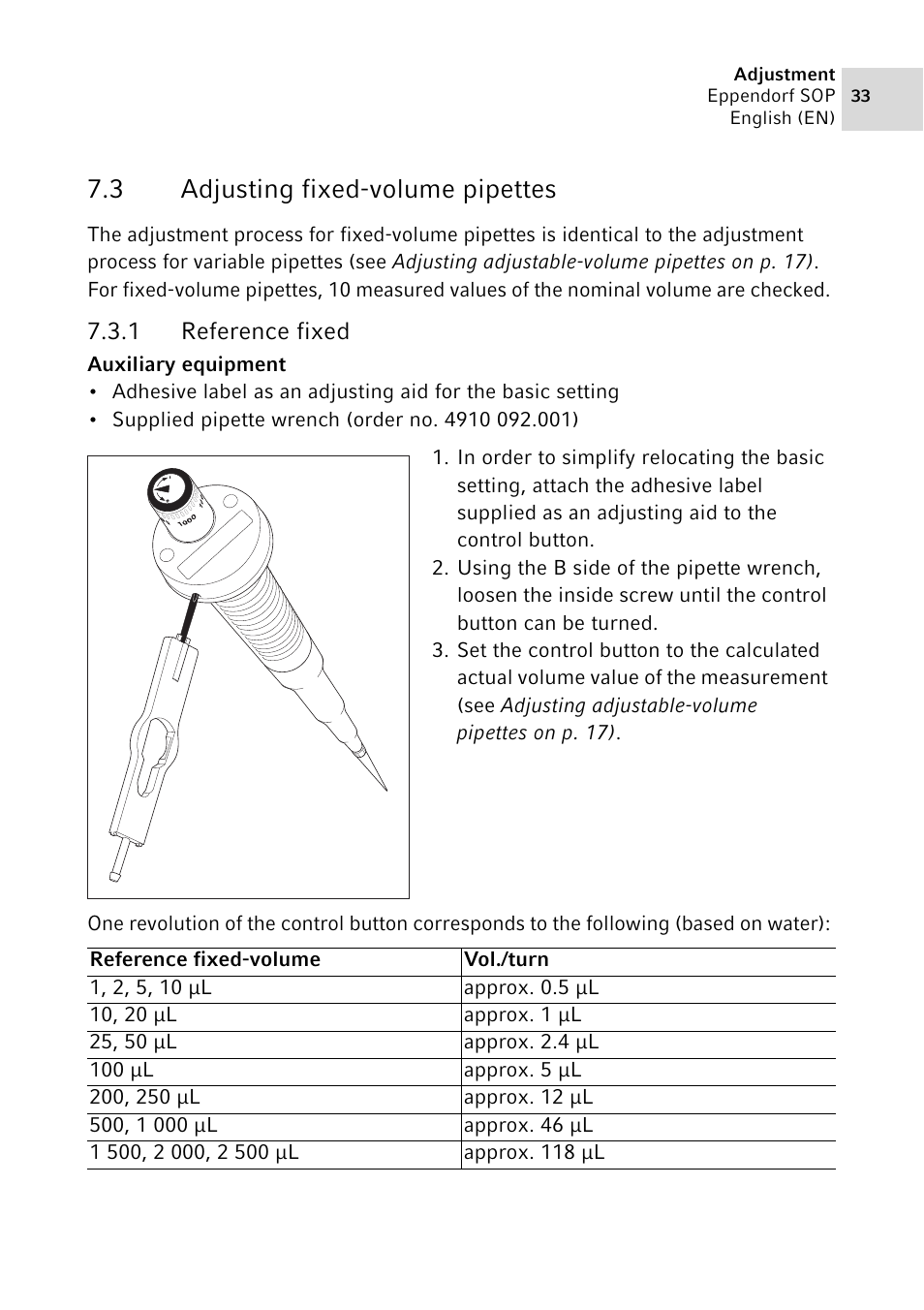 3 adjusting fixed-volume pipettes, 1 reference fixed, Adjusting fixed-volume pipettes 7.3.1 | Reference fixed | Eppendorf SOP User Manual | Page 33 / 64