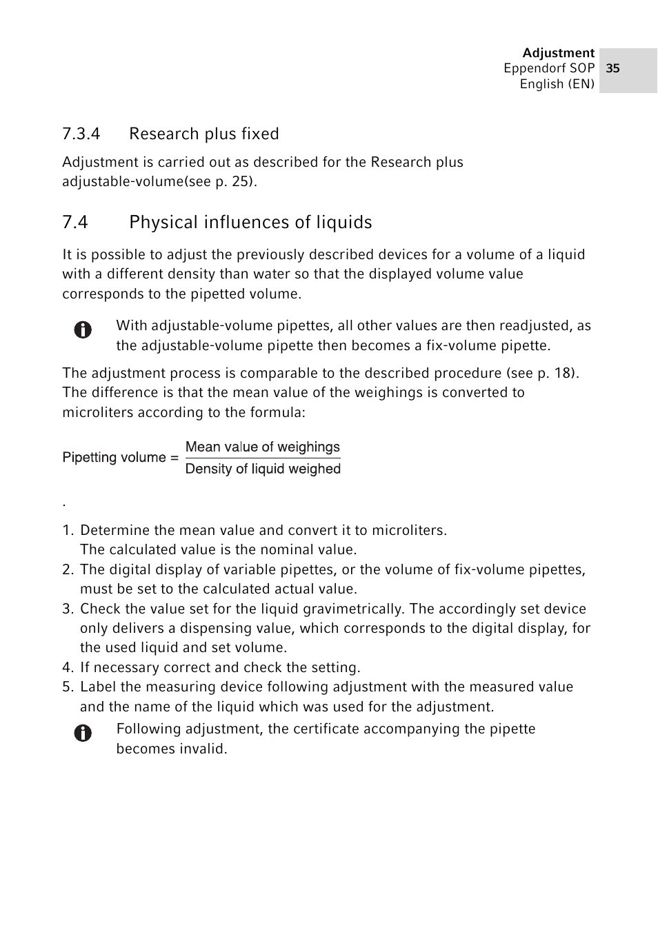 4 research plus fixed, 4 physical influences of liquids, Research plus fixed | Physical influences of liquids | Eppendorf SOP User Manual | Page 35 / 64