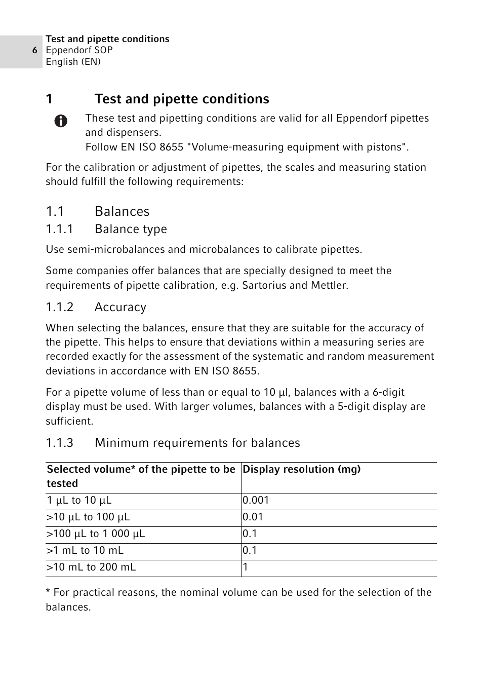 1 test and pipette conditions, 1 balances, 1 balance type | 2 accuracy, 3 minimum requirements for balances, Test and pipette conditions 1.1, Balances 1.1.1, Balance type, Accuracy, Minimum requirements for balances | Eppendorf SOP User Manual | Page 6 / 64