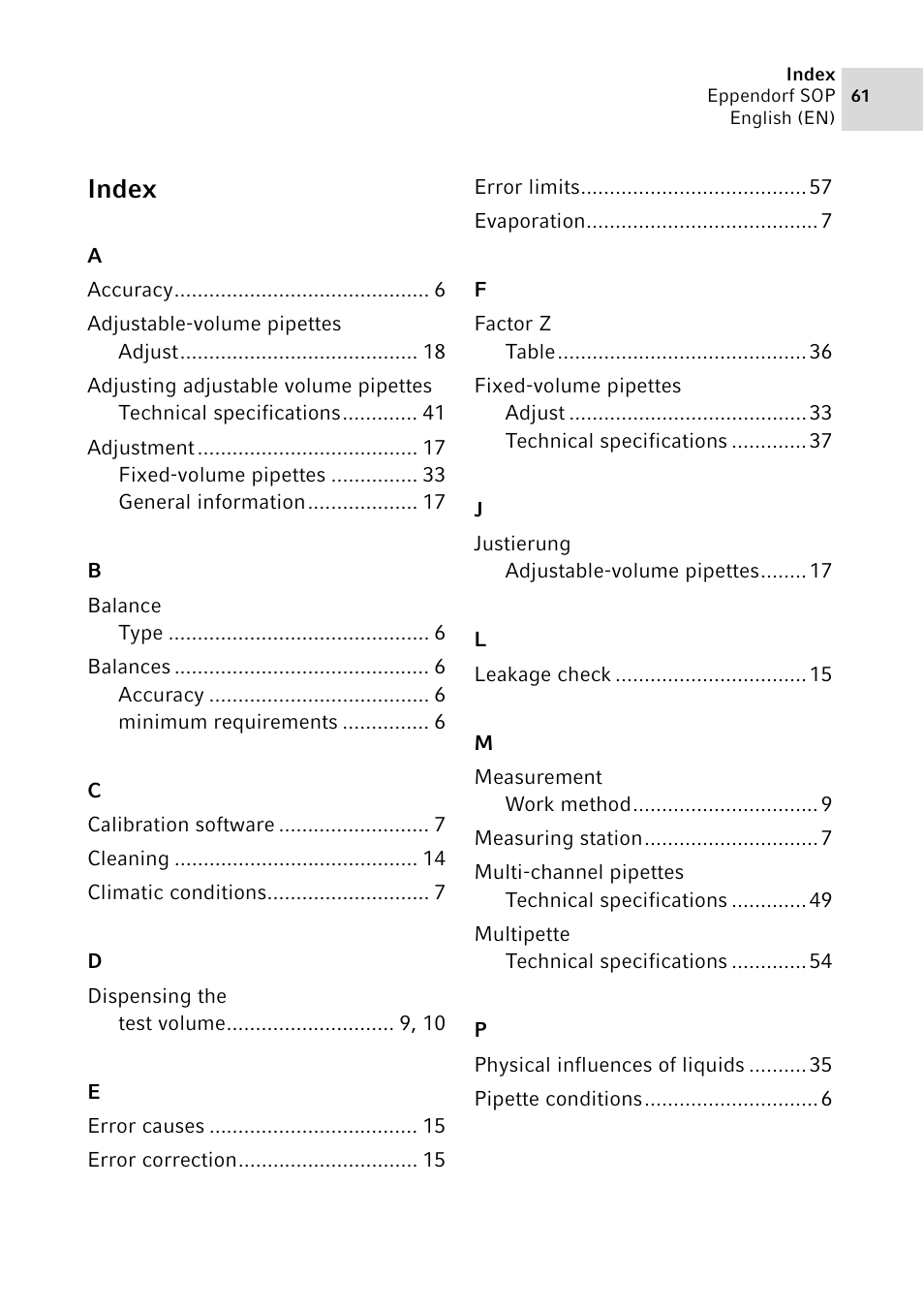 Index | Eppendorf SOP User Manual | Page 61 / 64