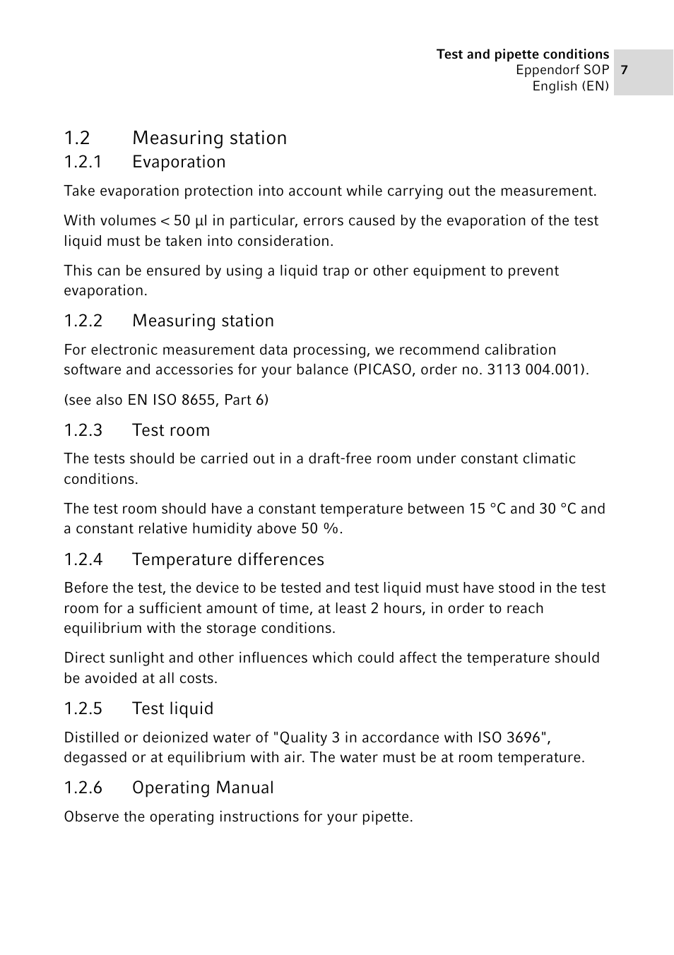 2 measuring station, 1 evaporation, 3 test room | 4 temperature differences, 5 test liquid, 6 operating manual, Measuring station 1.2.1, Evaporation, Measuring station, Test room | Eppendorf SOP User Manual | Page 7 / 64