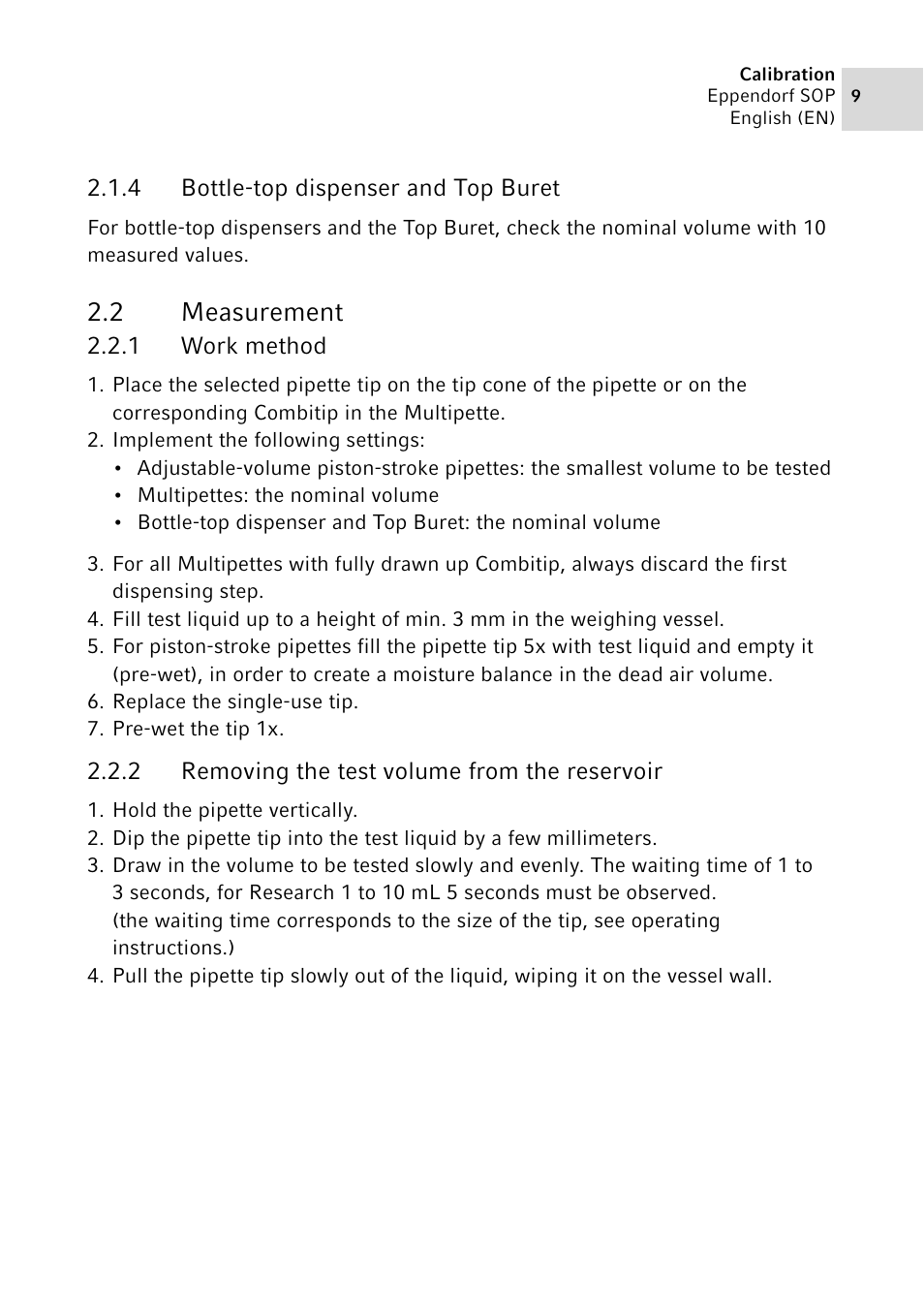 4 bottle-top dispenser and top buret, 2 measurement, 1 work method | 2 removing the test volume from the reservoir, Bottle-top dispenser and top buret, Measurement 2.2.1, Work method, Removing the test volume from the reservoir | Eppendorf SOP User Manual | Page 9 / 64