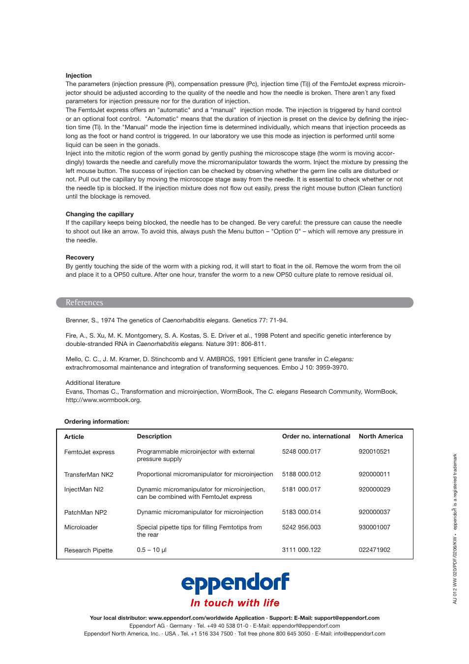 References | Eppendorf 012: Microinjection of plasmid DNA or double stranded RNA User Manual | Page 3 / 3