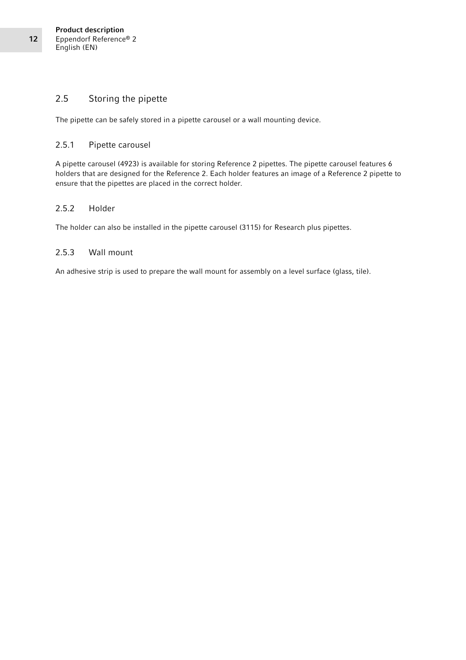 5 storing the pipette, 1 pipette carousel, 2 holder | 3 wall mount, Storing the pipette 2.5.1, Pipette carousel, Holder, Wall mount | Eppendorf Pipette Reference 2 User Manual | Page 12 / 44