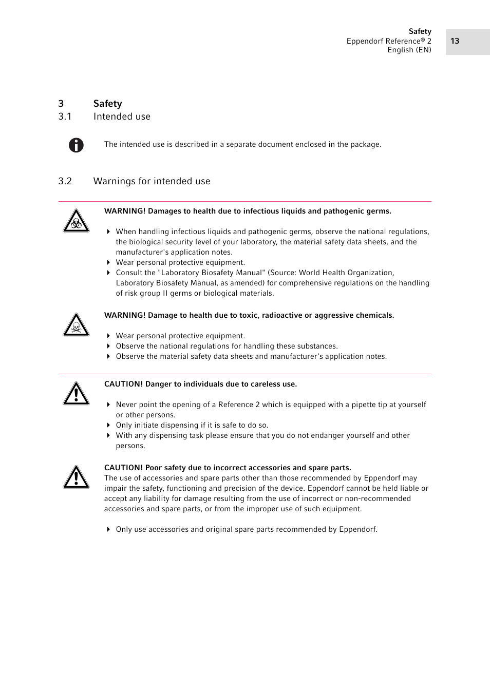 3 safety, 1 intended use, 2 warnings for intended use | Safety 3.1, Intended use, Warnings for intended use | Eppendorf Pipette Reference 2 User Manual | Page 13 / 44