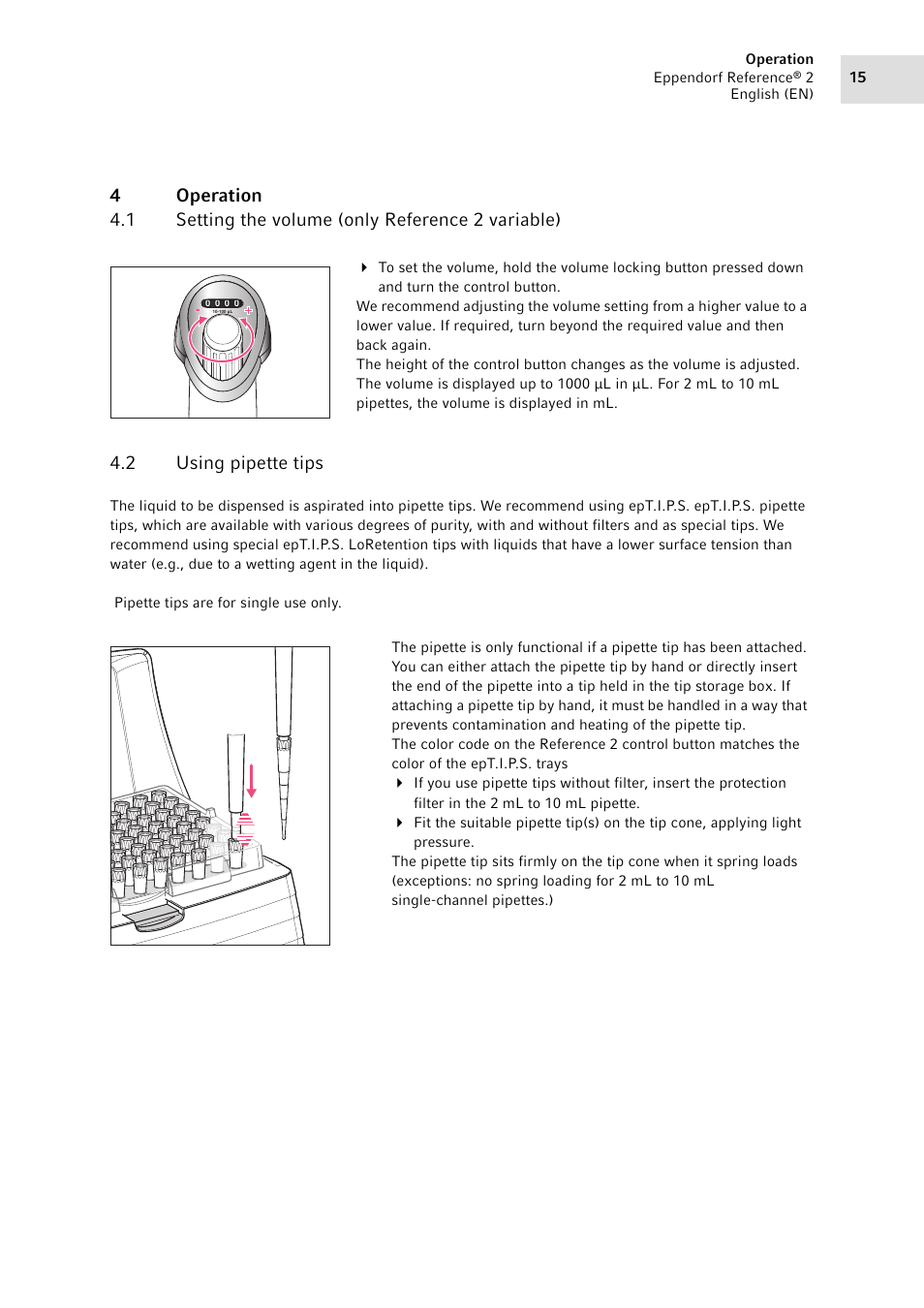 4 operation, 1 setting the volume (only reference 2 variable), 2 using pipette tips | Operation 4.1, Setting the volume (only reference 2 variable), Using pipette tips | Eppendorf Pipette Reference 2 User Manual | Page 15 / 44