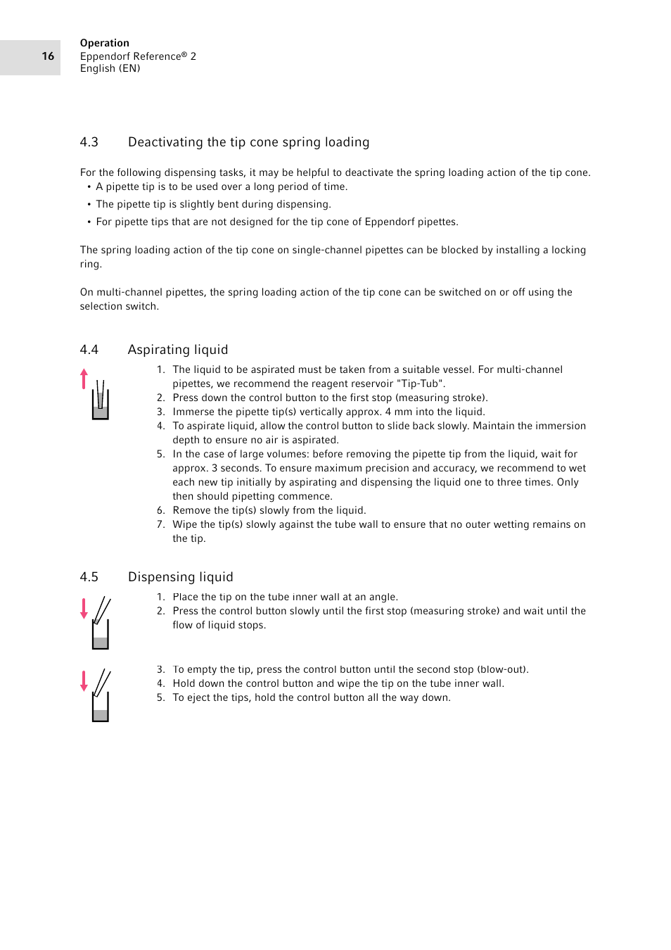 3 deactivating the tip cone spring loading, 4 aspirating liquid, 5 dispensing liquid | Deactivating the tip cone spring loading, Aspirating liquid, Dispensing liquid | Eppendorf Pipette Reference 2 User Manual | Page 16 / 44
