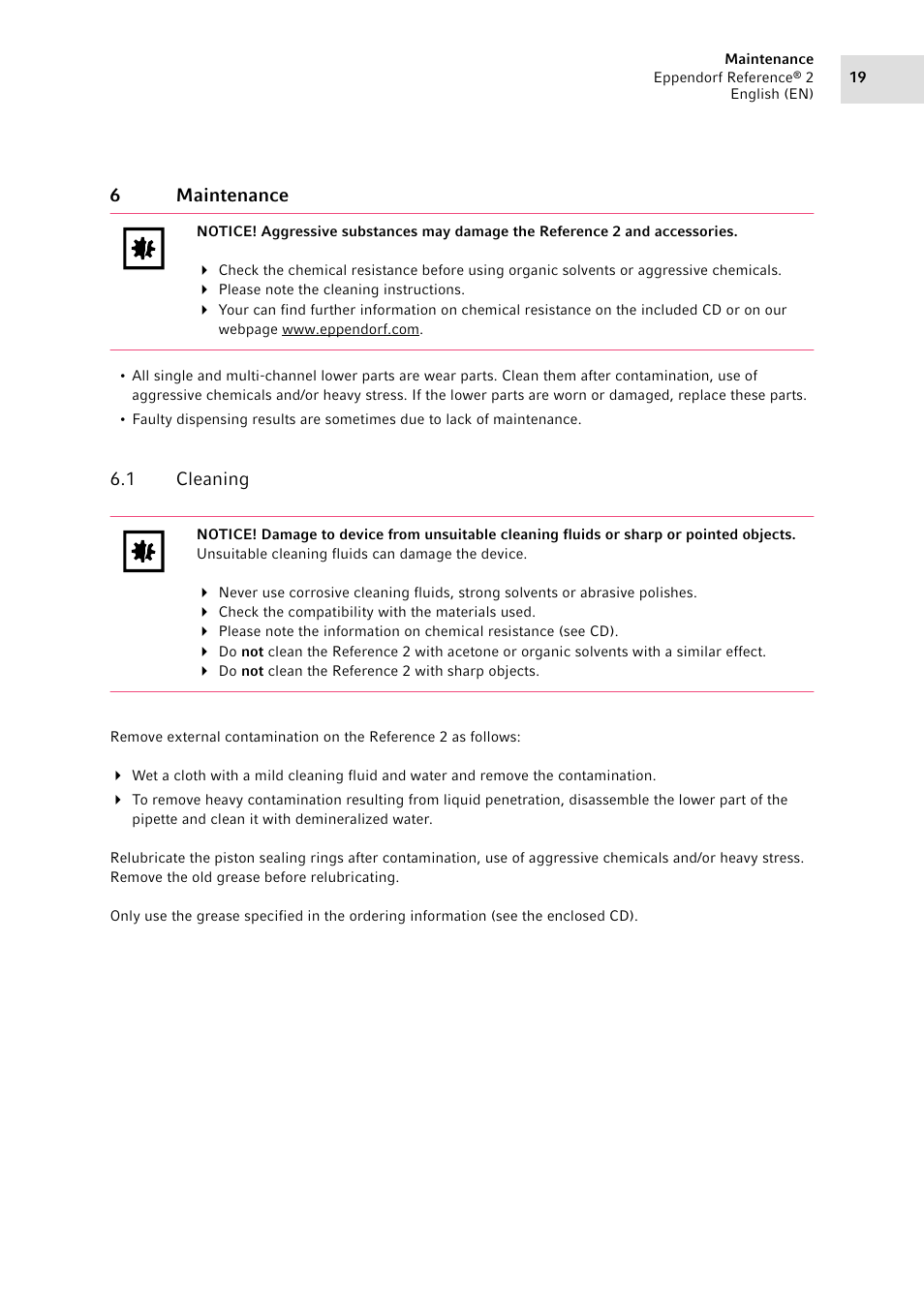 6 maintenance, 1 cleaning, Maintenance 6.1 | Cleaning | Eppendorf Pipette Reference 2 User Manual | Page 19 / 44