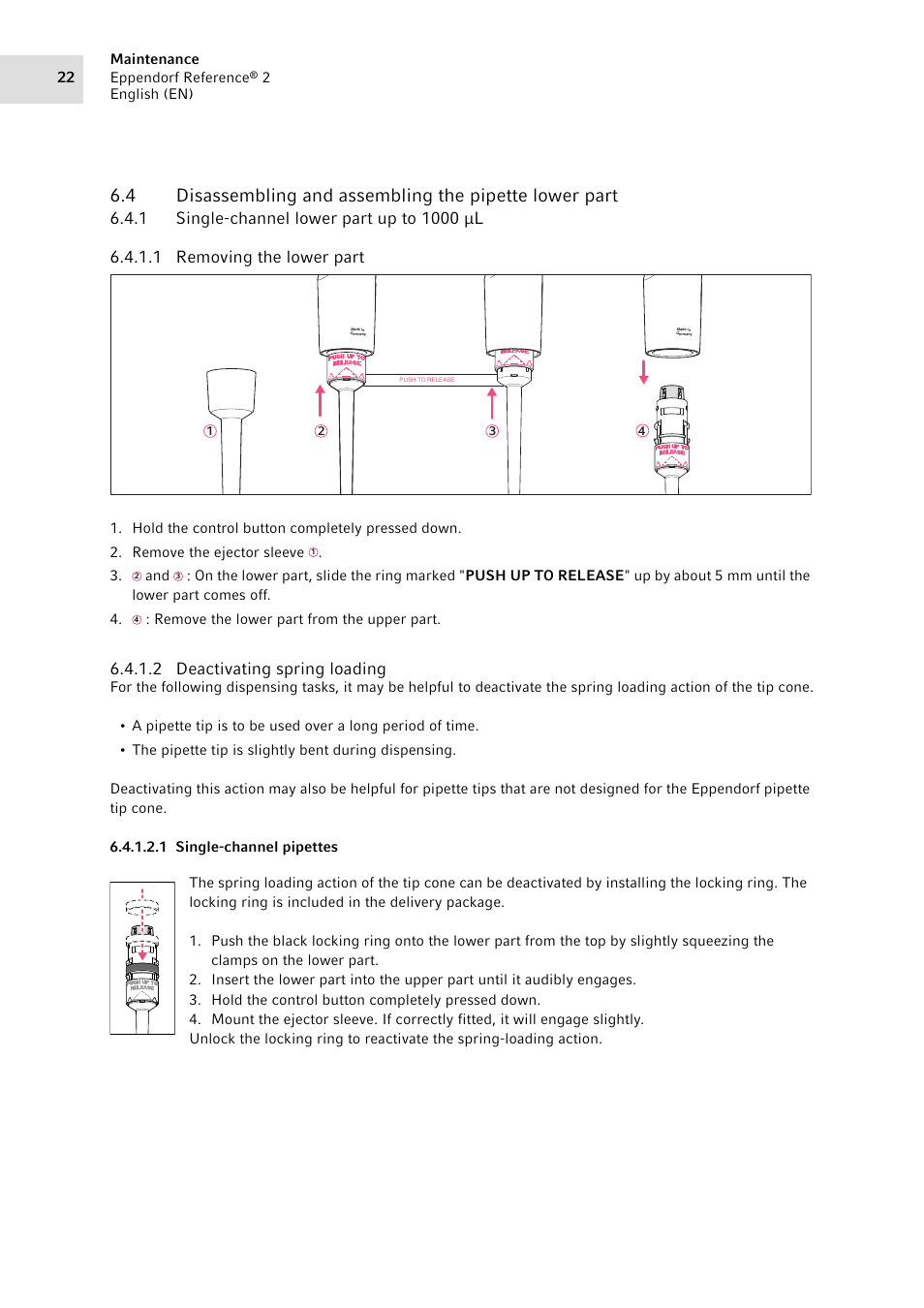 1 single-channel lower part up to 1000 µl, Single-channel lower part up to 1000, 2 deactivating spring loading | Eppendorf Pipette Reference 2 User Manual | Page 22 / 44