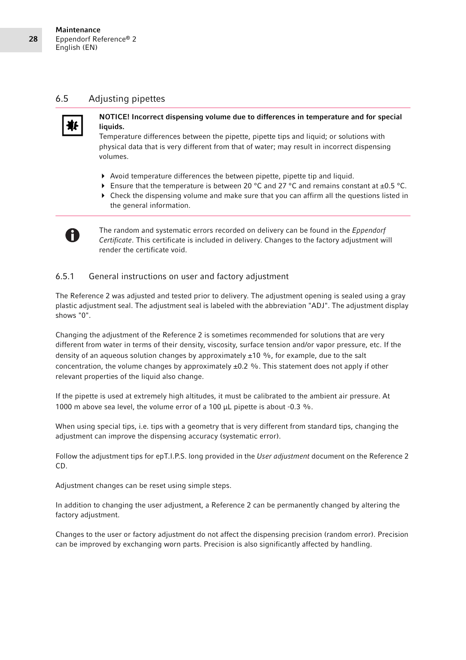 5 adjusting pipettes, Adjusting pipettes 6.5.1 | Eppendorf Pipette Reference 2 User Manual | Page 28 / 44