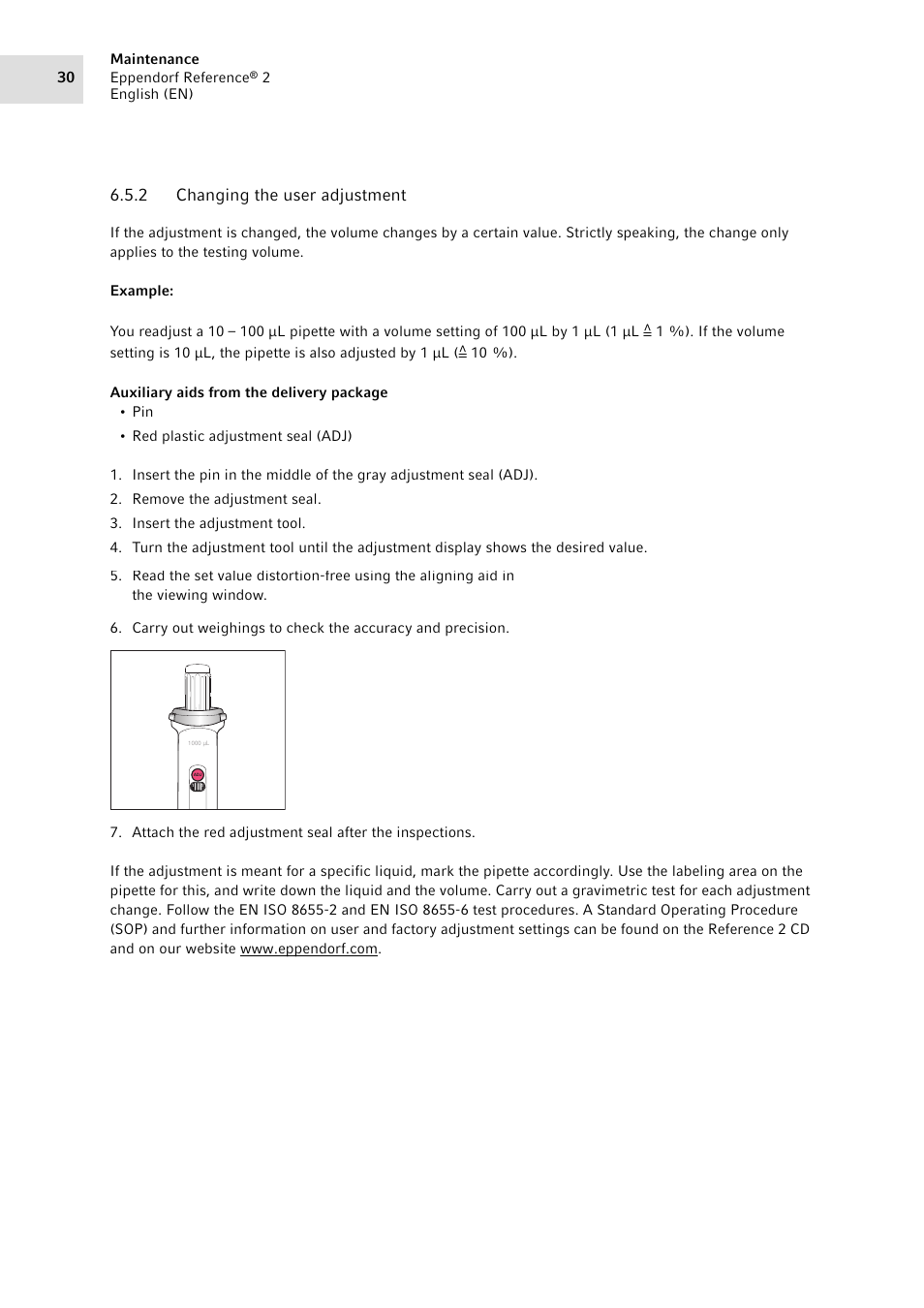 2 changing the user adjustment, Changing the user adjustment | Eppendorf Pipette Reference 2 User Manual | Page 30 / 44