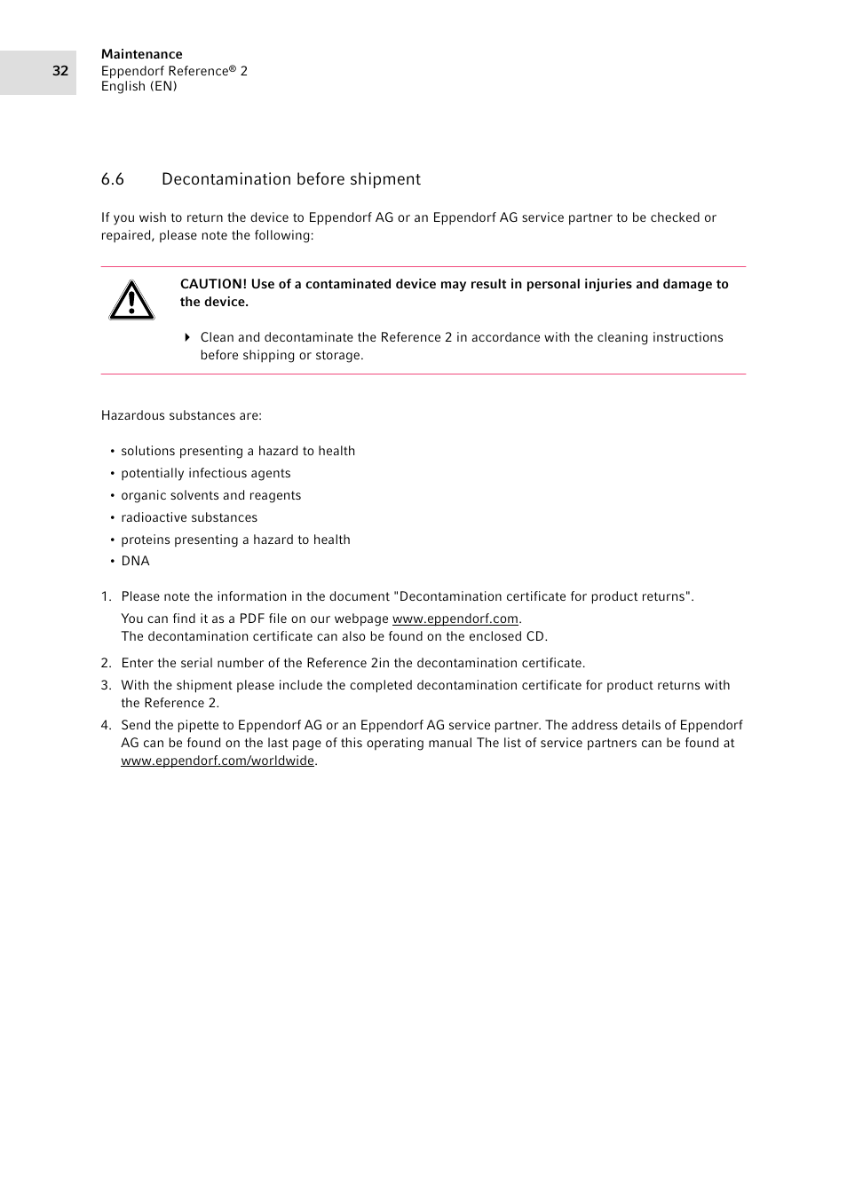 6 decontamination before shipment, Decontamination before shipment | Eppendorf Pipette Reference 2 User Manual | Page 32 / 44