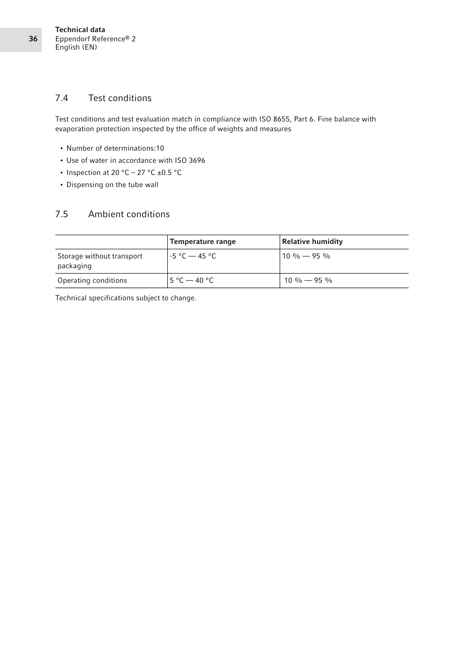 4 test conditions, 5 ambient conditions, Test conditions | Ambient conditions | Eppendorf Pipette Reference 2 User Manual | Page 36 / 44