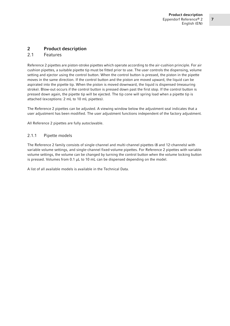 2 product description, 1 features, 1 pipette models | Product description 2.1, Features 2.1.1, Pipette models | Eppendorf Pipette Reference 2 User Manual | Page 7 / 44