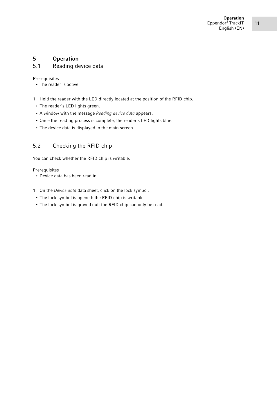 5 operation, 1 reading device data, 2 checking the rfid chip | Operation 5.1, Reading device data, Checking the rfid chip | Eppendorf TrackIT User Manual | Page 11 / 22