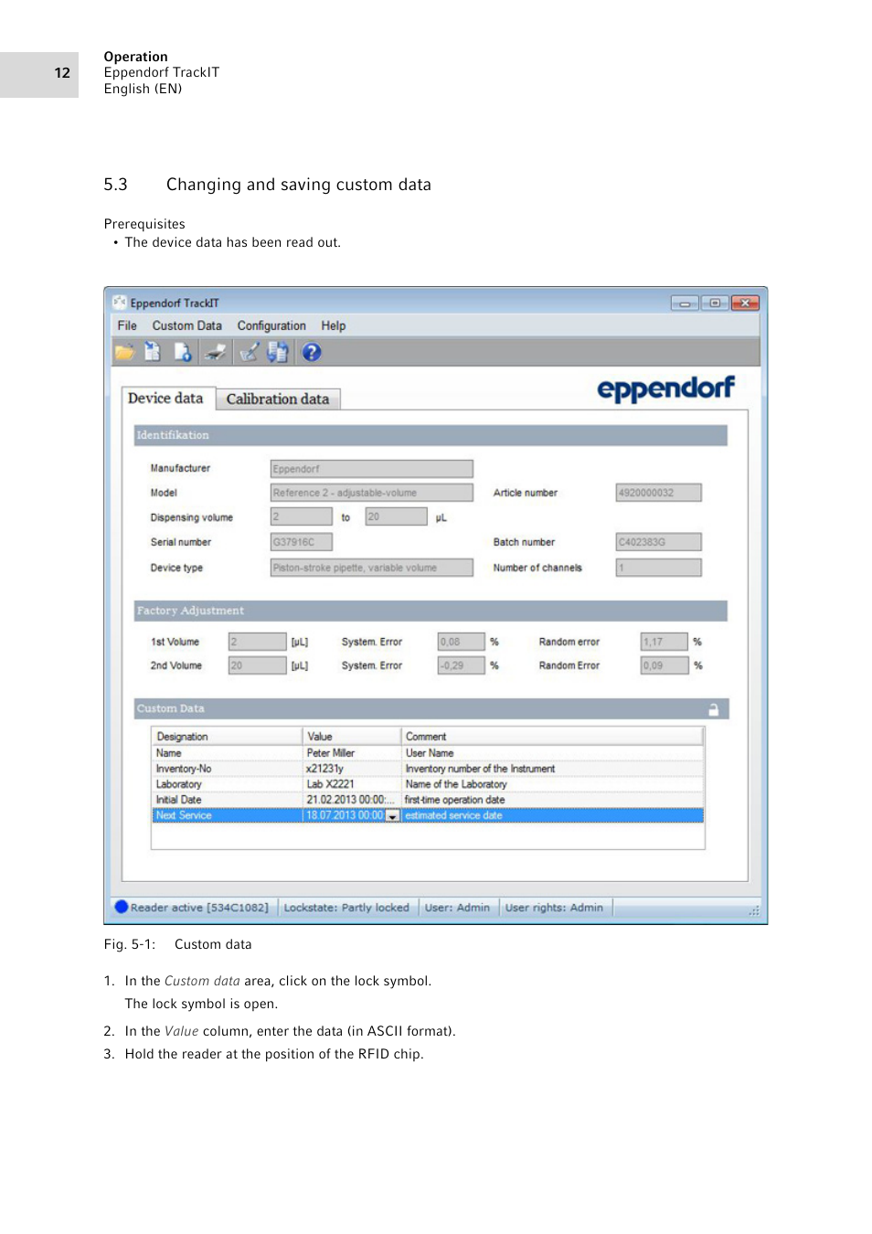 3 changing and saving custom data, Changing and saving custom data | Eppendorf TrackIT User Manual | Page 12 / 22