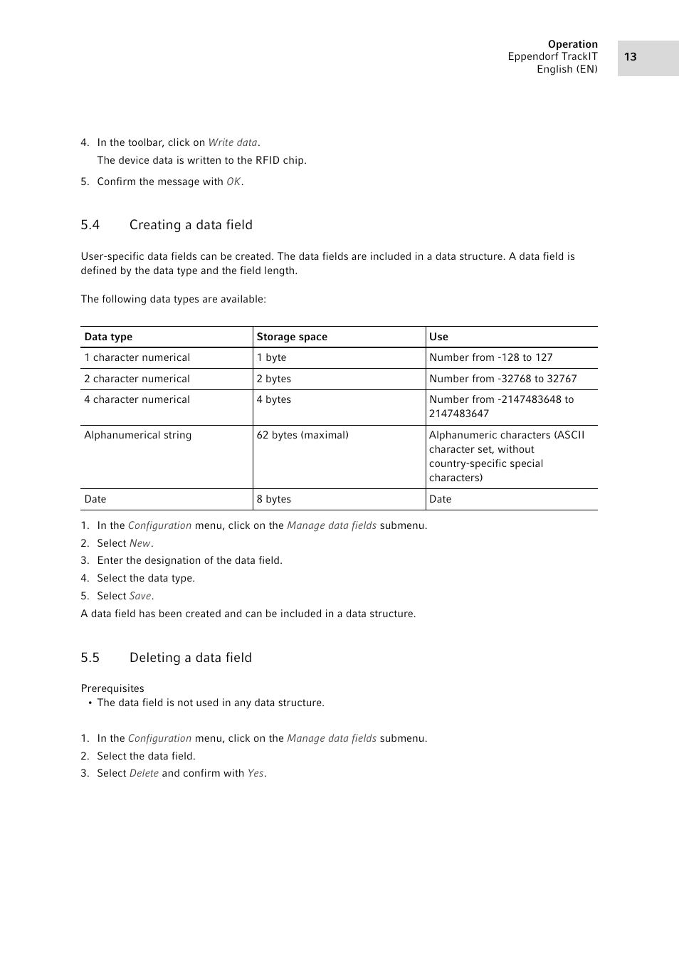 4 creating a data field, 5 deleting a data field, Creating a data field | Deleting a data field | Eppendorf TrackIT User Manual | Page 13 / 22