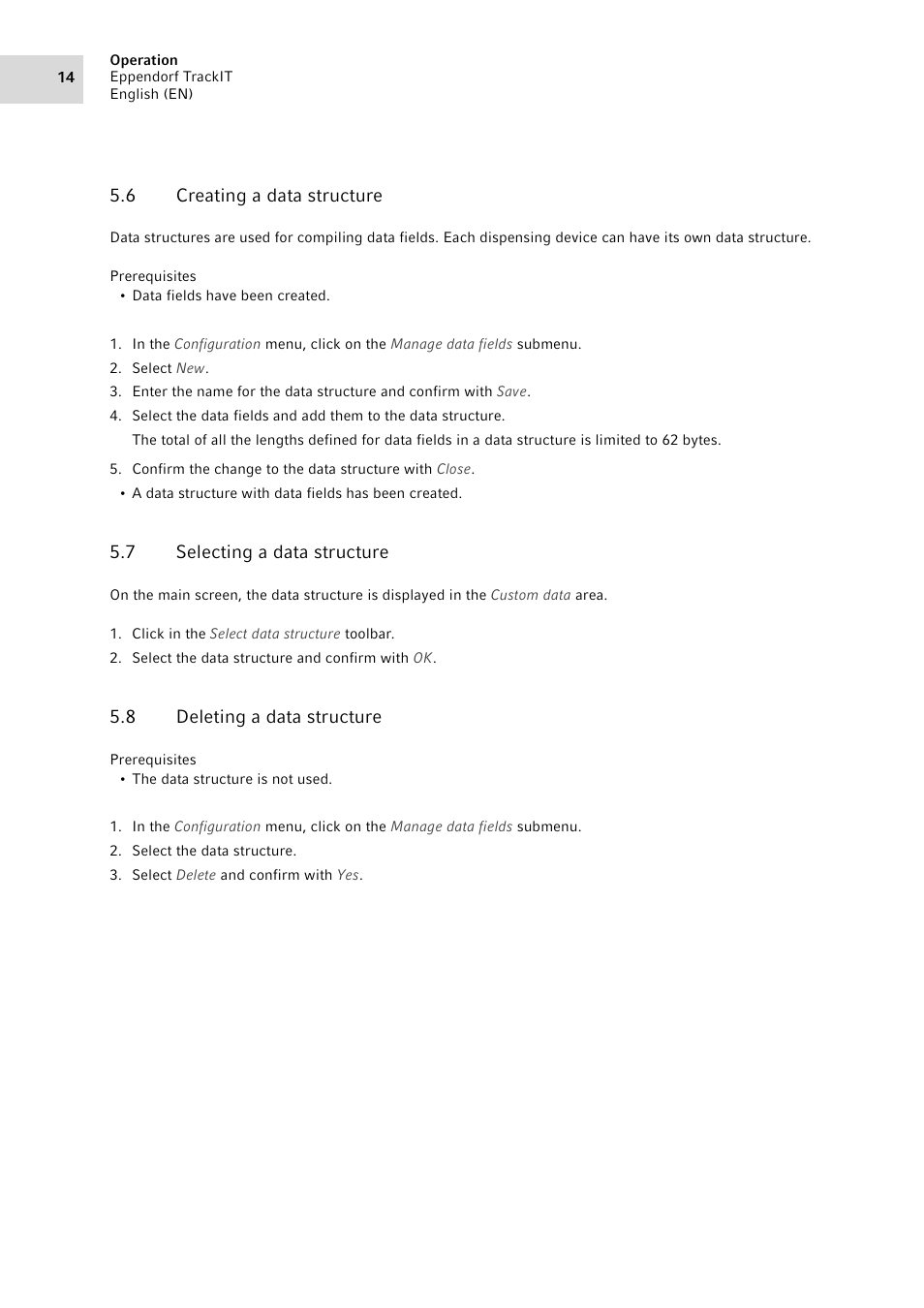6 creating a data structure, 7 selecting a data structure, 8 deleting a data structure | Creating a data structure, Selecting a data structure, Deleting a data structure | Eppendorf TrackIT User Manual | Page 14 / 22
