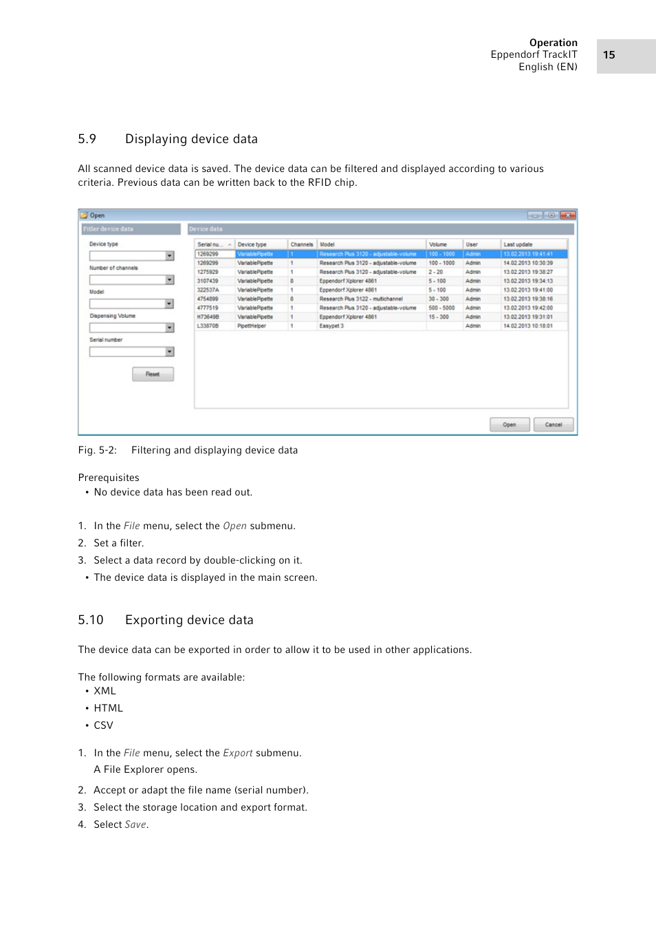 9 displaying device data, 10 exporting device data, Displaying device data | Exporting device data | Eppendorf TrackIT User Manual | Page 15 / 22