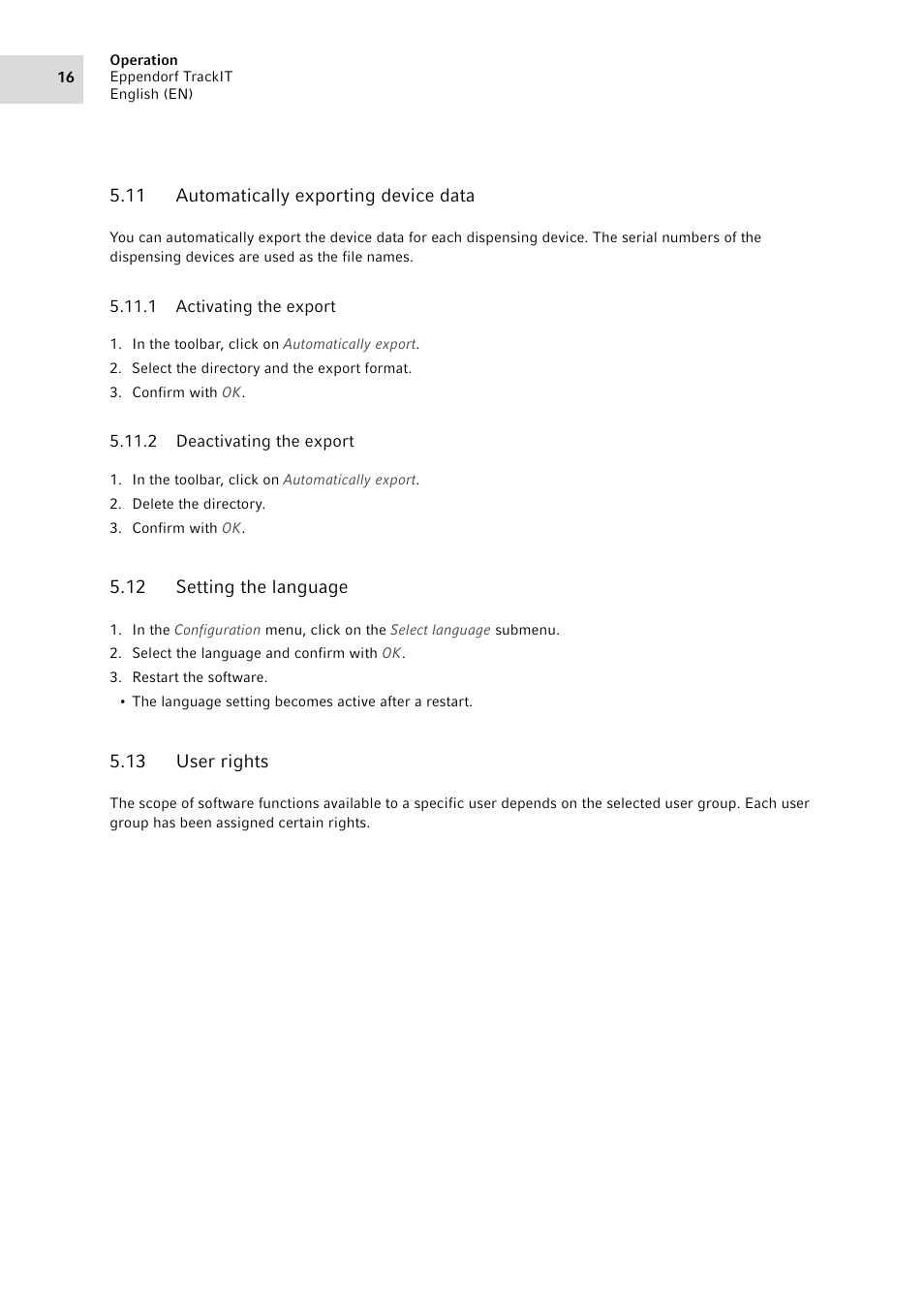 11 automatically exporting device data, 1 activating the export, 2 deactivating the export | 12 setting the language, 13 user rights, Automatically exporting device data 5.11.1, Activating the export, Deactivating the export, Setting the language, User rights | Eppendorf TrackIT User Manual | Page 16 / 22